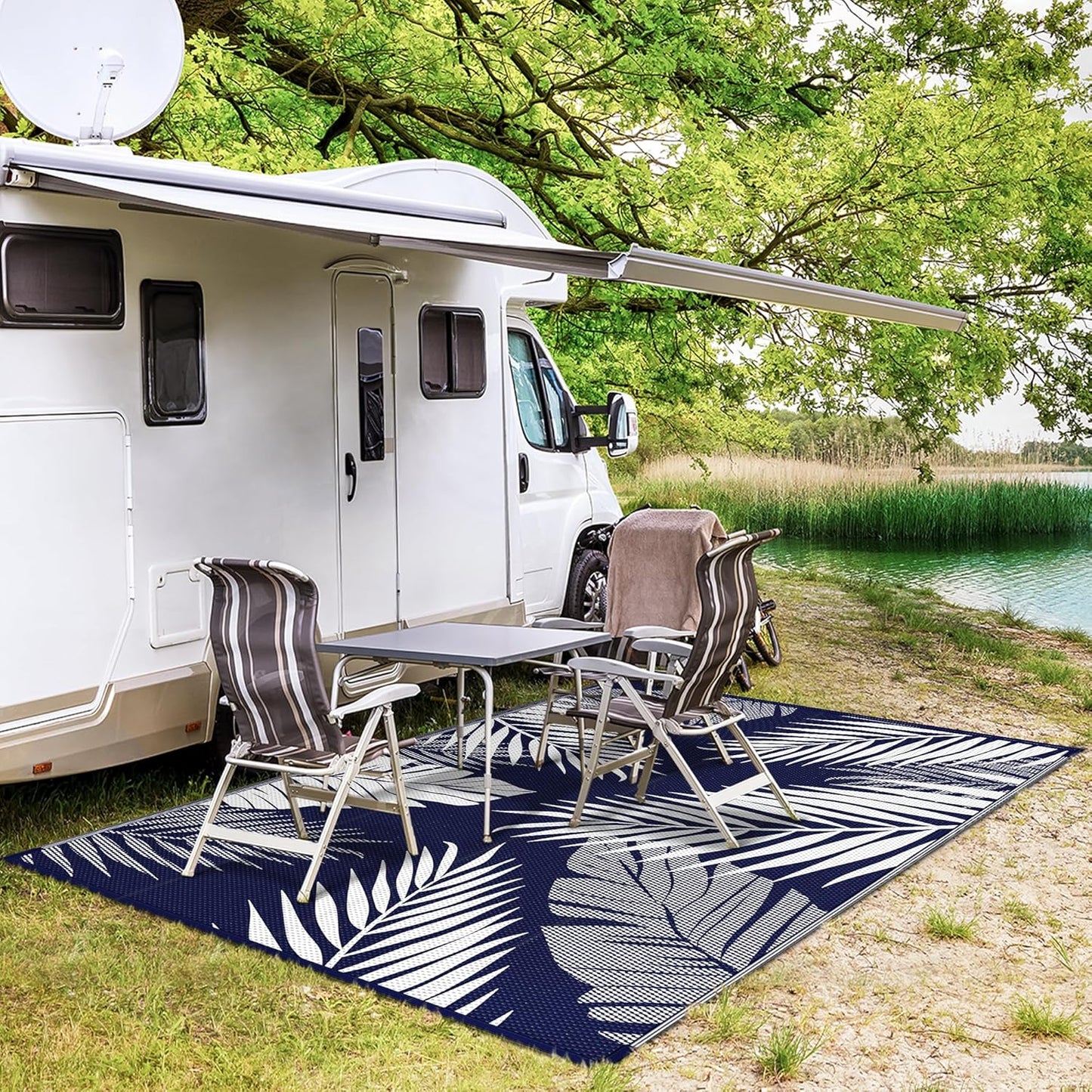 GENIMO Outdoor Rug 8' x 10' Waterproof for Patios Clearance, Reversible Outdoor Plastic Straw Camping Rug Carpet, Large Area Rugs Mats for RV, Camper, Deck, Balcony, Porch, Beach, Navy Blue&White