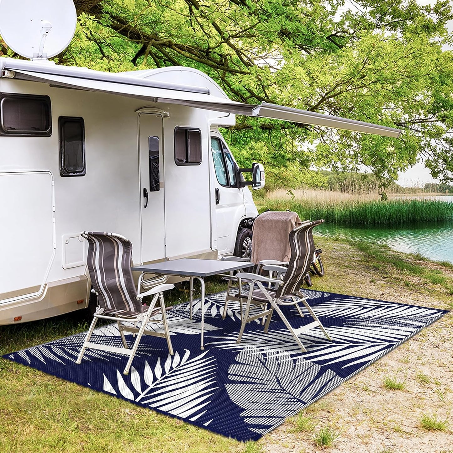 GENIMO Outdoor Rug 9' x 12' Waterproof for Patios Clearance, Reversible Outdoor Plastic Straw Camping Rug Carpet, Large Area Rugs Mats for RV, Camper, Deck, Balcony, Porch, Beach, Navy Blue&White