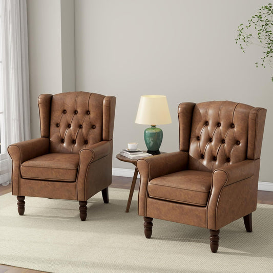 Accent Chair, Upholstered Armchair with Button Tufted High Back & Solid Wood Legs, Comfy Wingback Reading Single Sofa Chair for Small Spaces, Living Room, Bedroom (Leather Brown, Set of 2)