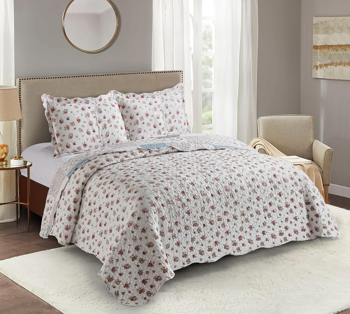 Brilliant Sunshine Pink Rose with Small Blue Check Patchwork, 3-Piece Quilt Set with 2 Shams, Reversible Bedspread, Soft Lightweight Coverlet, All-Season, Full/Queen, Pink Blue