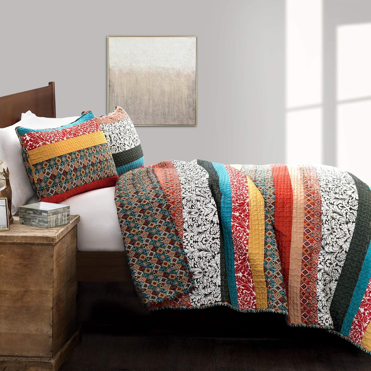 Lush Decor Boho Stripe Reversible Cotton Quilt 3-Piece Set, Full/ Queen, Turquoise & Tangerine - Bold Colorful Bohemian Bedding Set