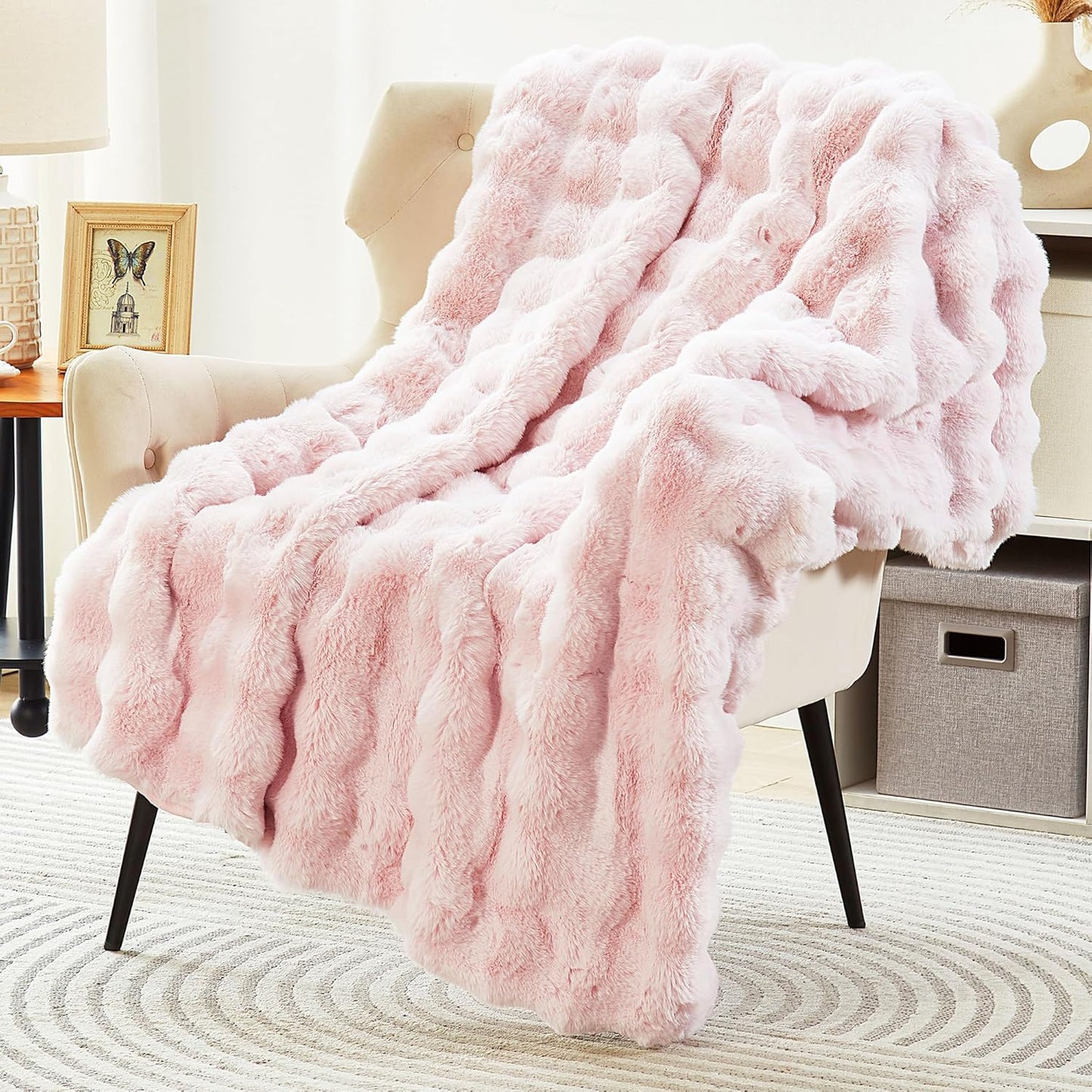 DREAMNINE Large Soft Thick Fuzzy Bubble Faux Rabbit Fur Bed Blanket Full Size 70" x 80",Lovely Big Warm Shaggy Fluffy Blankets for Winter,Solid Luxury Cozy Cute Bumpy Furry Blanket for Women Girl,Pink