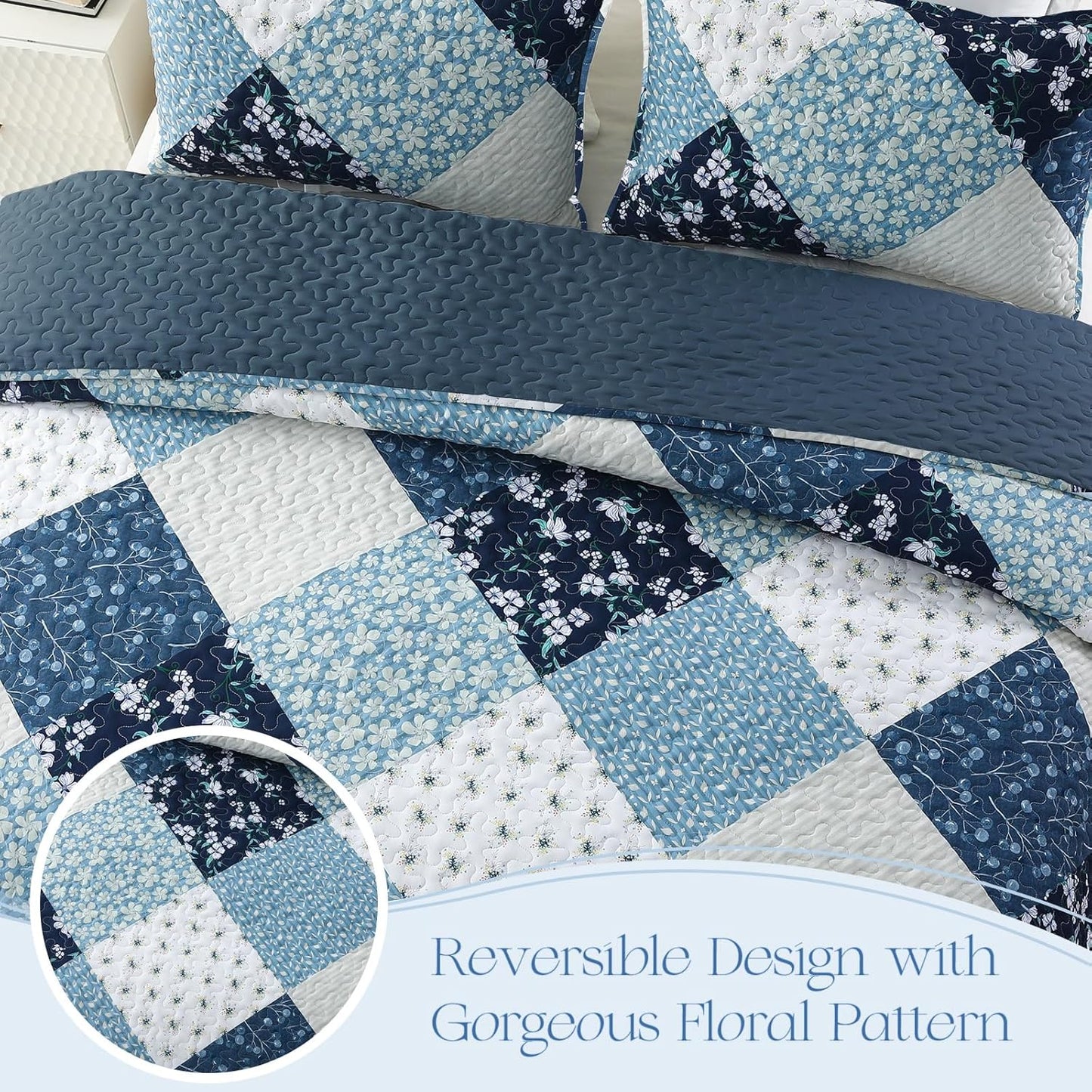 Exclusivo Mezcla Reversible Boho Quilt Set King Size, 3 Pieces Patchwork Blue All Season Bedspreads, Ultra Soft Floral Coverlet Bedding Set with Printed Pattern (1 Quilt, 2 Pillow Shams)