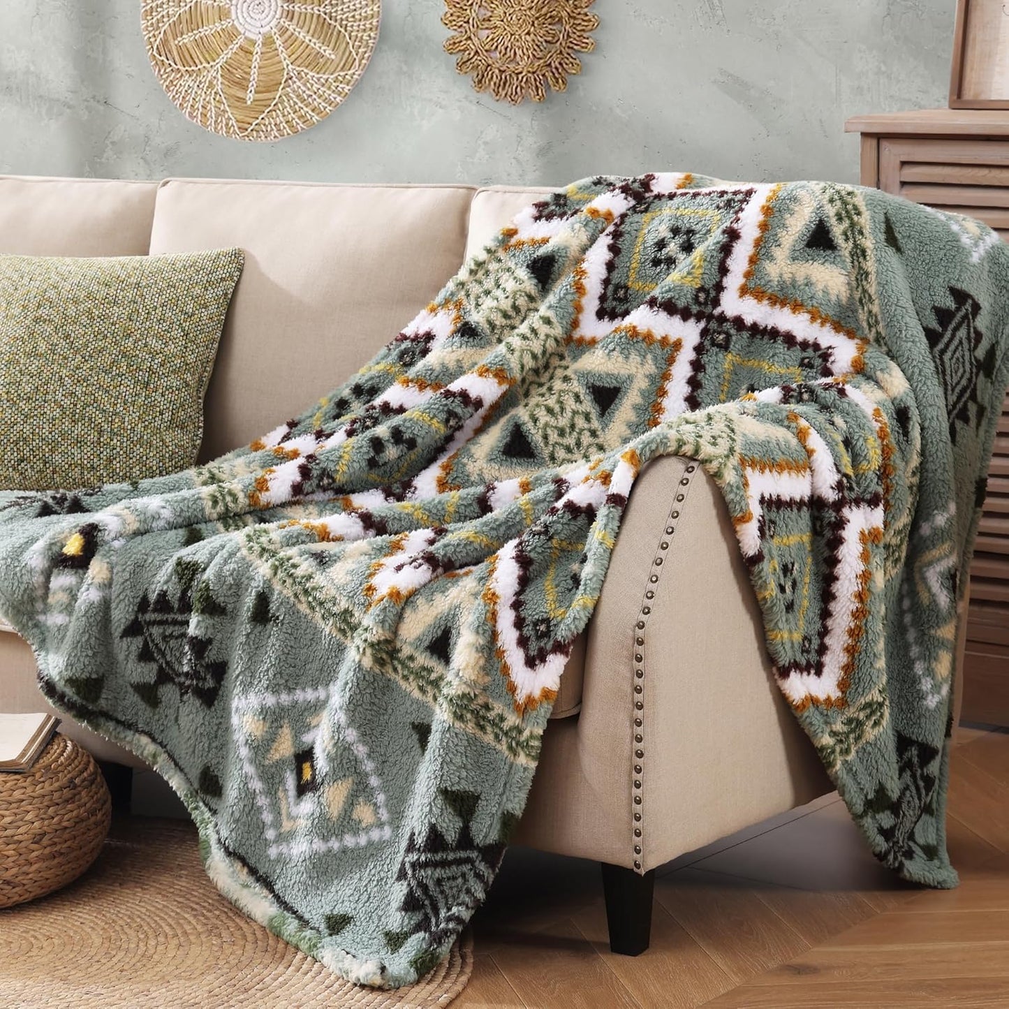 CASAAGUSTO Boho Sherpa Throw Blanket, Aztec King Size Blanket, Ultra Soft, Warm, Cozy, Plush, Thick Fleece Bohemian Throw Blanket for Couch, Bed, Sofa (Olive Green 108 * 90 Inch)