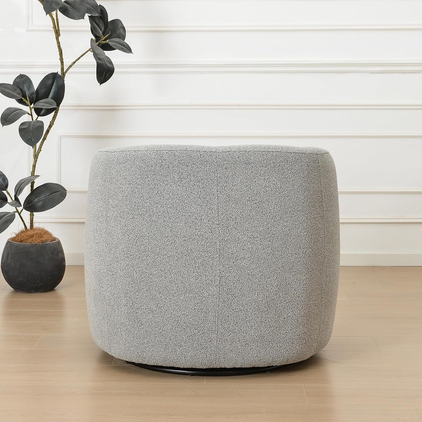 KINWELL 34" Wide Sherpa Swivel Barrel Chair, No Assembly Round Boucle Upholstered Accent Chair Armchair Single Sofa Chair with Toss Pillow for Living Room and Bedroom, Gray