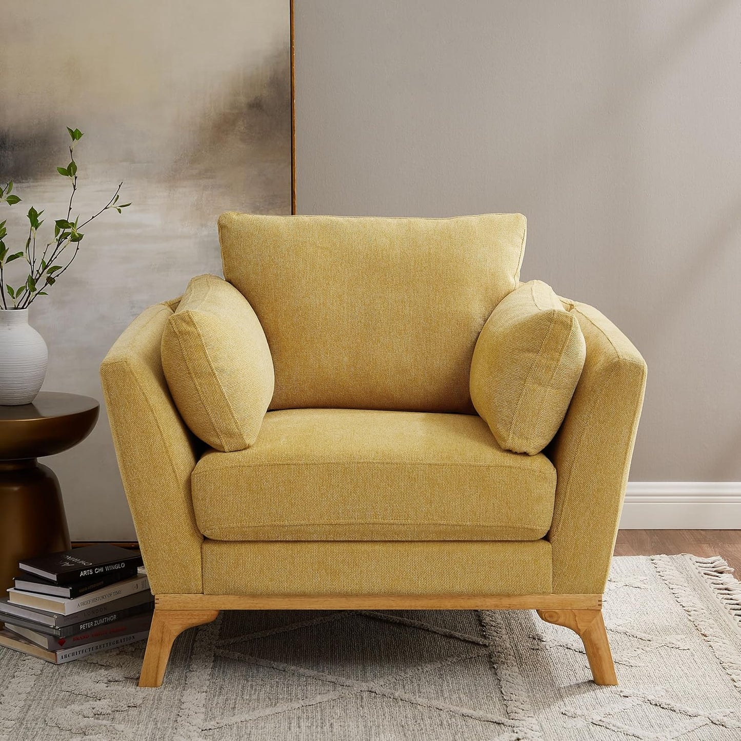 Large-Sized Accent Chair, Thick Cushion Bedroom Reading Chair, Comfortable Living Room Single Sofa, Linen Yellow