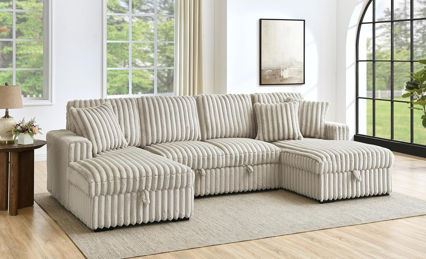 THSUPER Oversized U Shaped Plush Corduroy Fluffy Sectional Sleeper Sofa with Pull Out Bed and Double Storage Chaise for Living Room - Beige