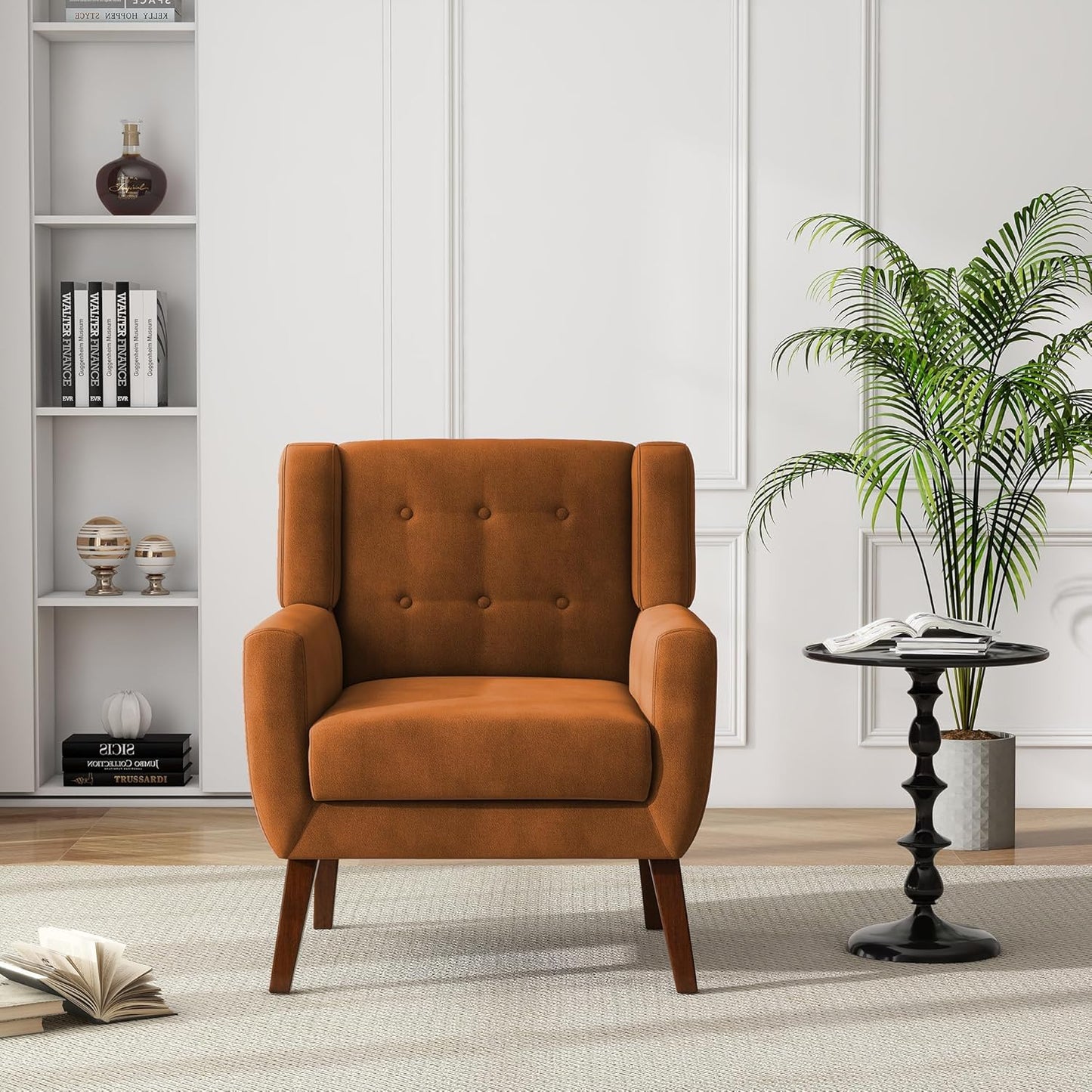 UIXE Accent Chair, Velvet Upholstered Armchair for Living Room, Modern Club Arm Chairs Comfy Single Sofa Button Tufted Bedroom Reading Seat - Orange, Set of 1