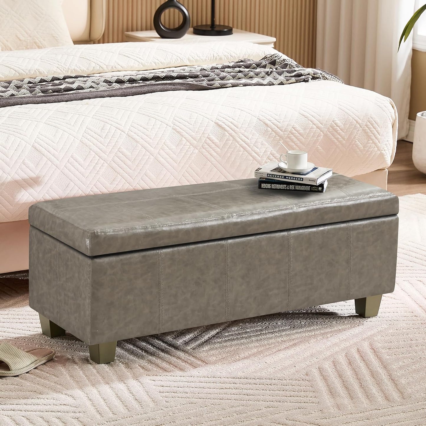 41" Faux Leather Storage Ottoman, Stitch Tufted Rectangle Upholstered End of Bed Storage Bench, Entryway Large Couch Ottoman with Wooden Legs,Grey