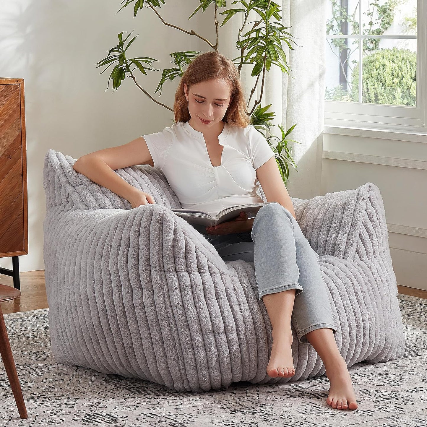 Giant Bean Bag Chairs for Adults with Filling Plush Fluffy Bean Bag Chairs for Teens with Armrests Comfy BeanBag Lazy Couch Sofa Chair for Bedroom Living Room Reading