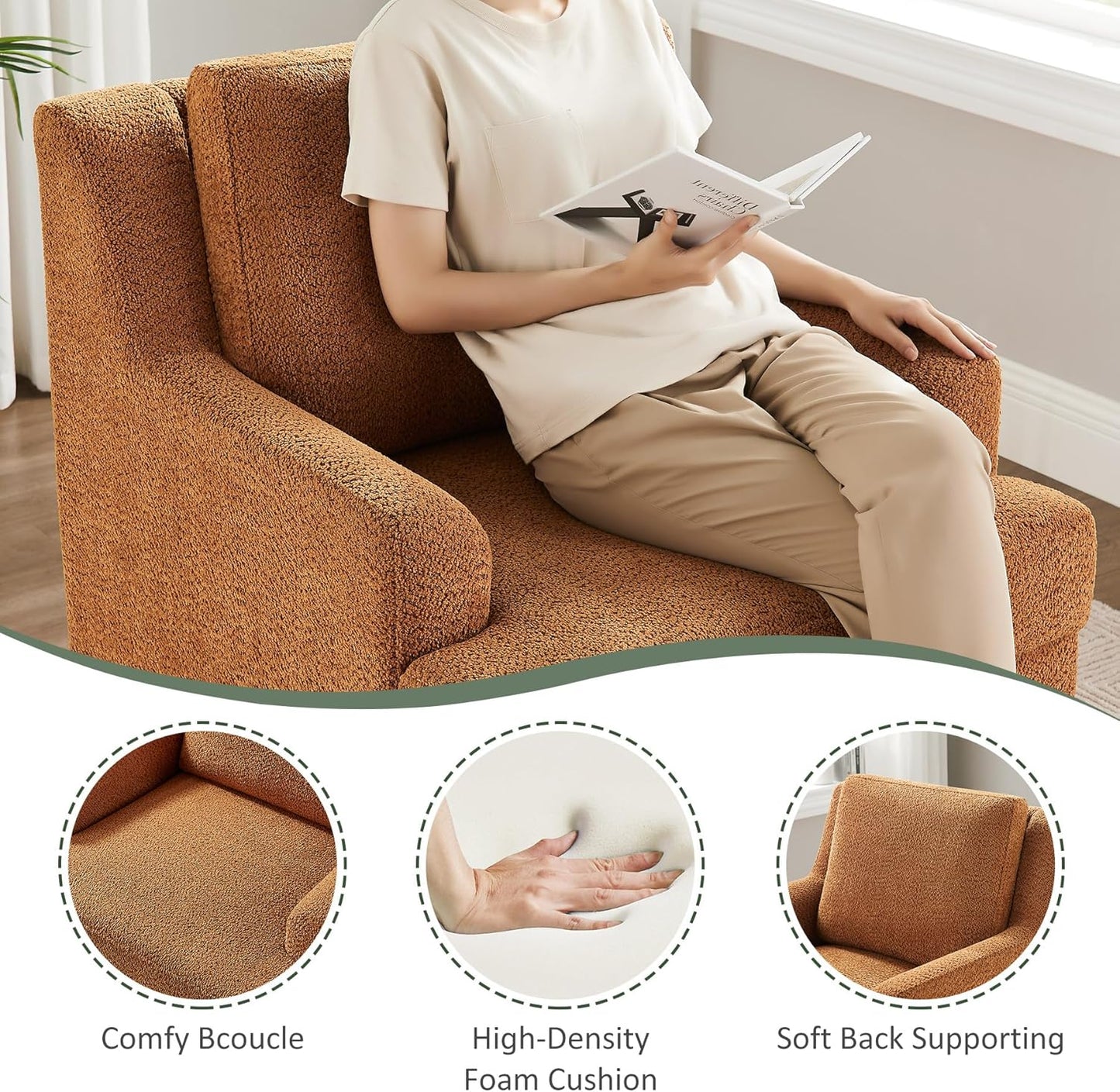 Oversized Accent Chair, Modern Boucle Armchair with Wood Legs, Modern Reading Chair with Thick Cushion, Comfy Chairs for Living Rooms, Bedrooms, Reading nooks and Apartments