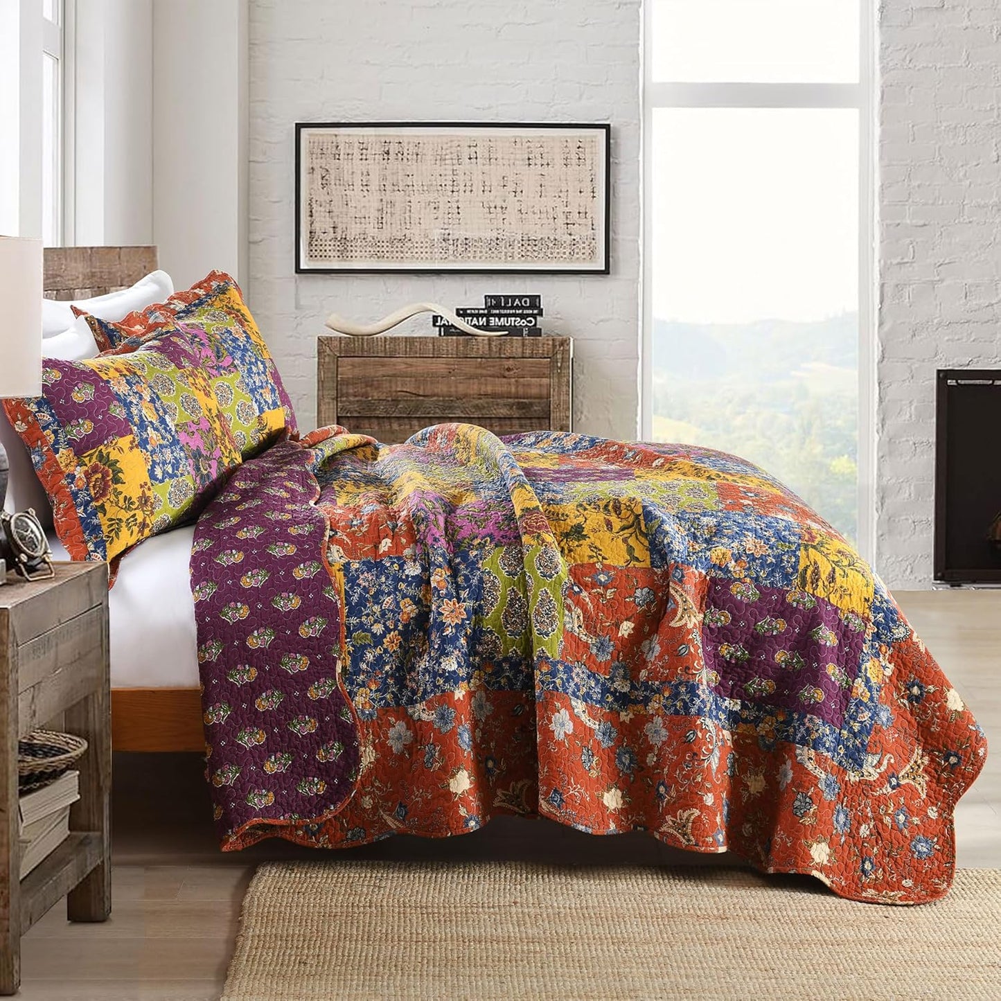 Secgo King Size Comforter Set- 100% Cotton Quilt King Size Set, Green, Sage bedspreads (96 * 108 Inch) with 2 Pillow Shams, Patchwork Reversible Lightweight Bedding