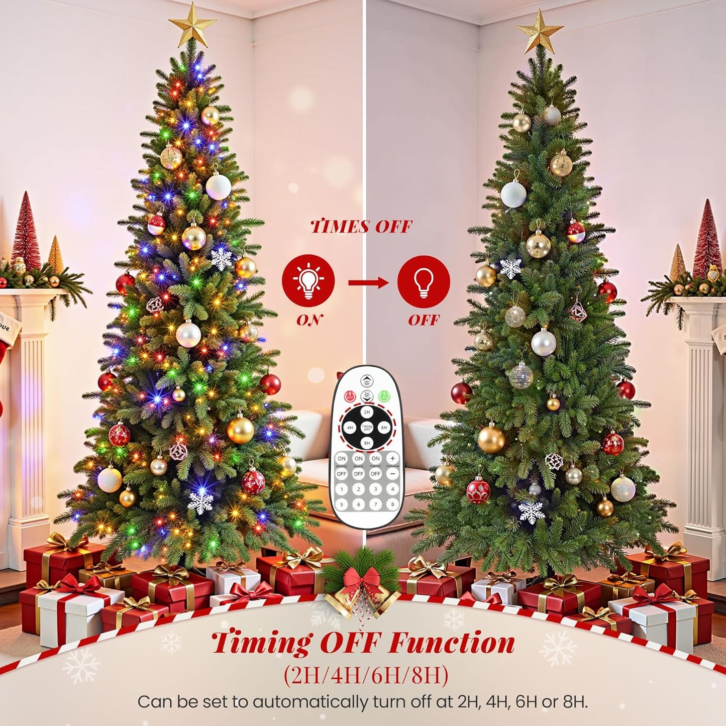 7.5ft Slim Pencil Christmas Tree Pre-lit, Remote Control, Rotating & Foldable Stand, RGB & Warm White Light for Home Decor