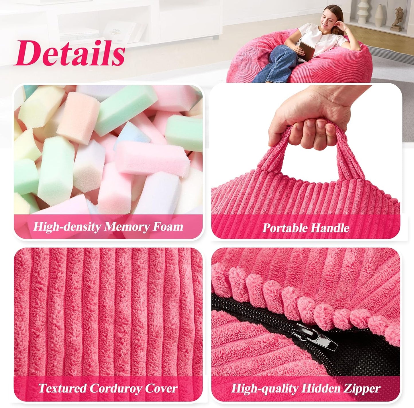 3.5FT Bean Bag Chairs Teardrop Bean Bag Chair for Adults Beanbag Chair with Memory Foam Filled Machine Washable Cover for Living Room, Bedroom (Large,Pink)