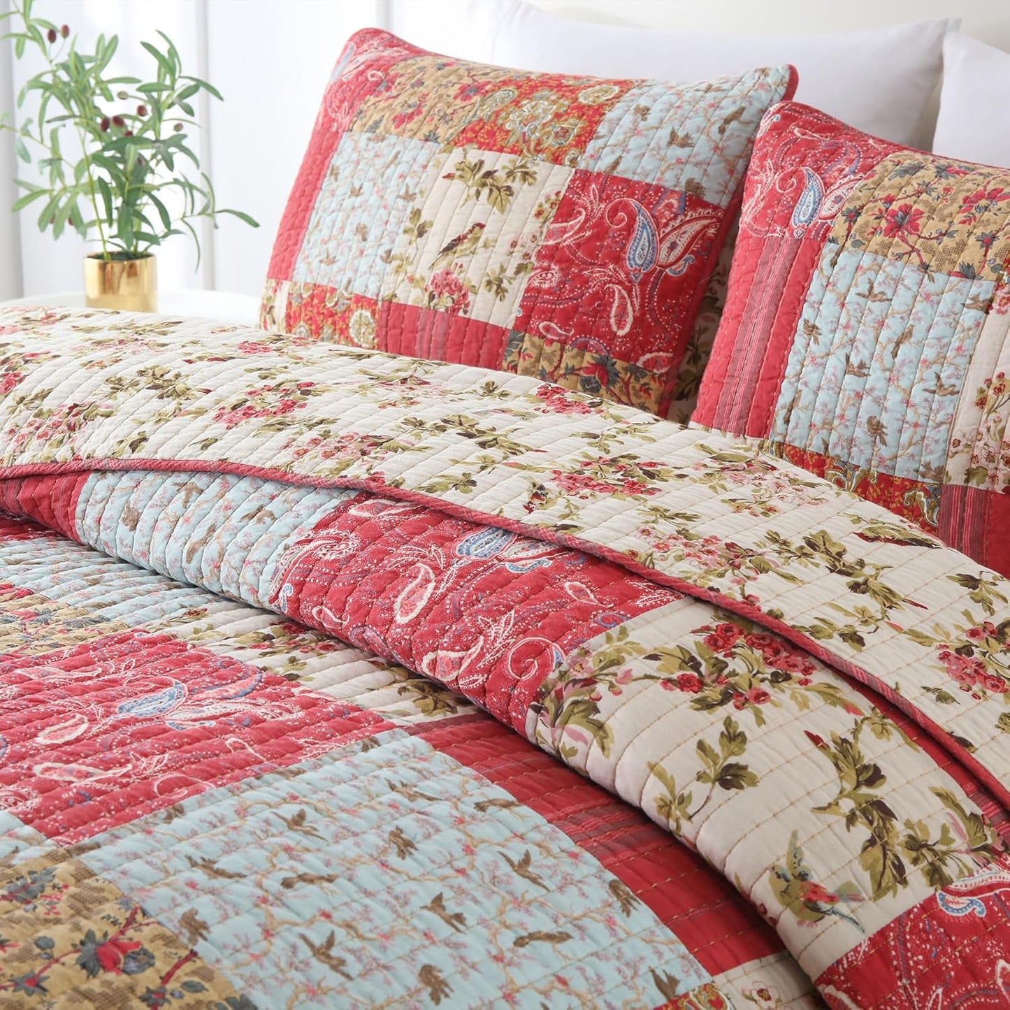 Secgo King Size Comforter Set- 100% Cotton Quilt King Size Set, Green, Sage bedspreads (96 * 108 Inch) with 2 Pillow Shams, Patchwork Reversible Lightweight Bedding