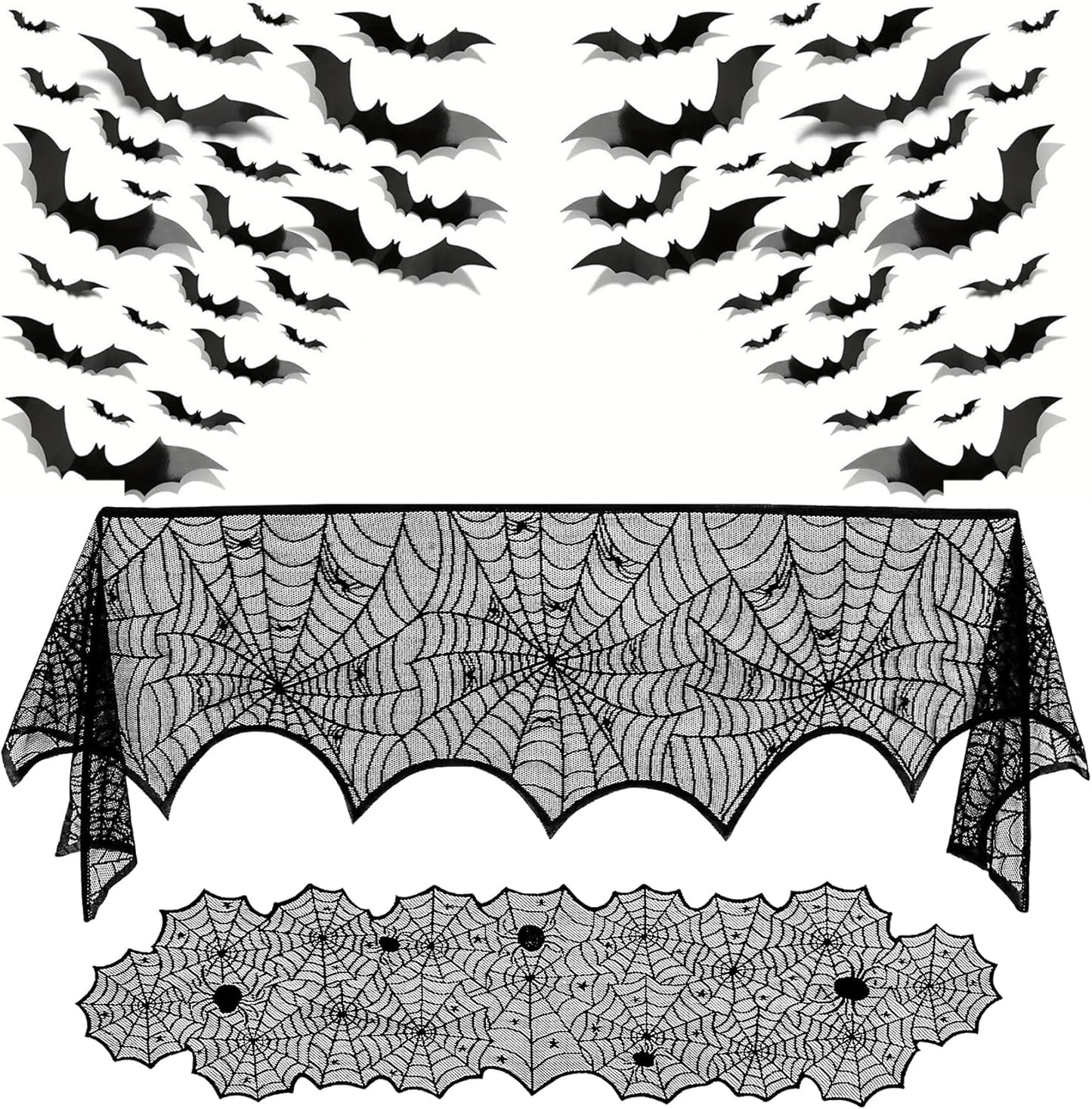 3 Pack Halloween Decorations Sets, Black Lace Spider Webs Table Runner & Halloween Cobweb Fireplace Scarf with 120 pcs 3D Bat for Halloween Indoor Decors Party Supplies