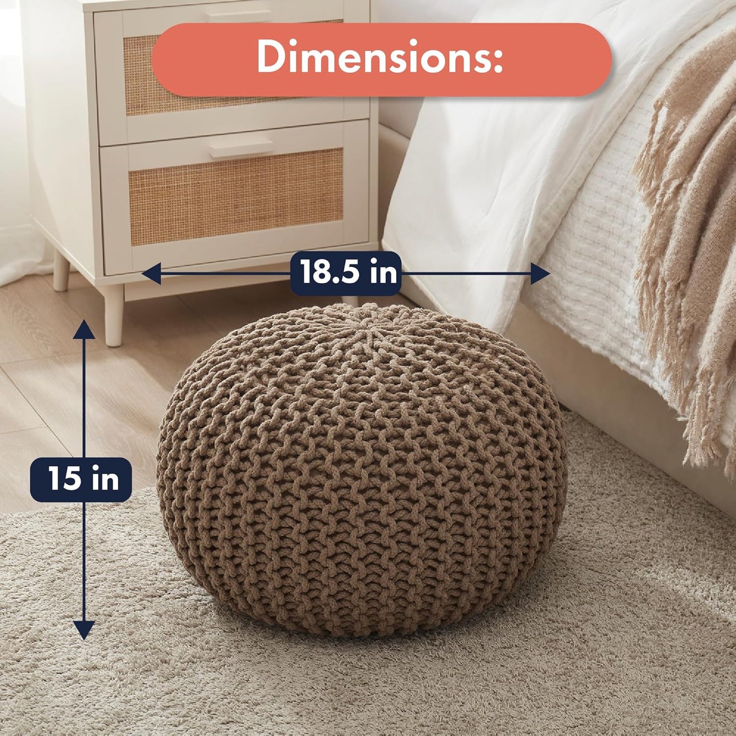 Ornavo Home Pouf Ottoman Foot Rest - 100% Cotton Pouffe - Hand Knitted Cable Braid Cord - Boho Round Stuffed Ottoman for Living Room, Bedroom - Taupe/Brown
