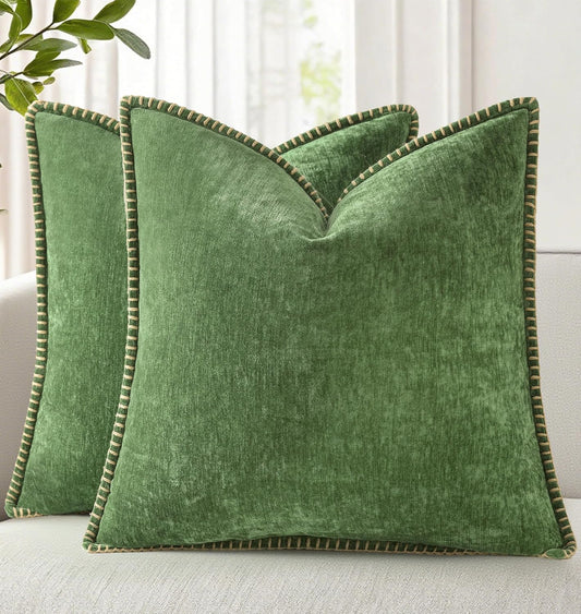 decorUhome Fall Chenille Soft Throw Pillow Covers 20x20 Set of 2, Farmhouse Velvet Neutral Decorative Euro Pillow Covers with Stitched Edge for Couch Sofa Bed Home Decor, Forest Elf