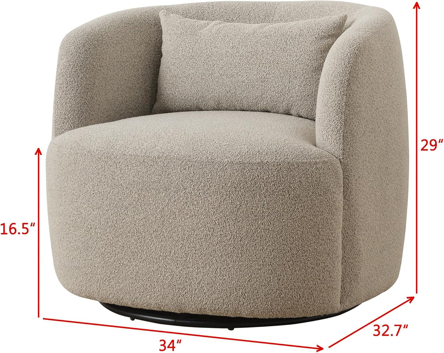 KINWELL 34" Wide Sherpa Swivel Barrel Chair, No Assembly Round Boucle Upholstered Accent Chair Armchair Single Sofa Chair with Toss Pillow for Living Room and Bedroom, Taupe