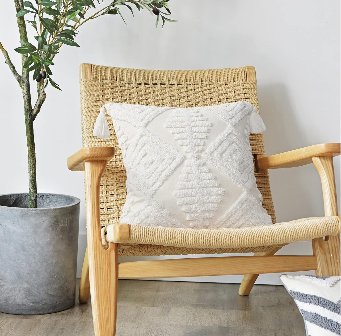 Boho Style Sofa Throw Pillow Covers – Exquisitely Crafted with Hand-Finished Tuft with Thick Cotton Tassel Details – Soft & Stylish Moroccan Decorative, 18x18inch (Spring Ruched)