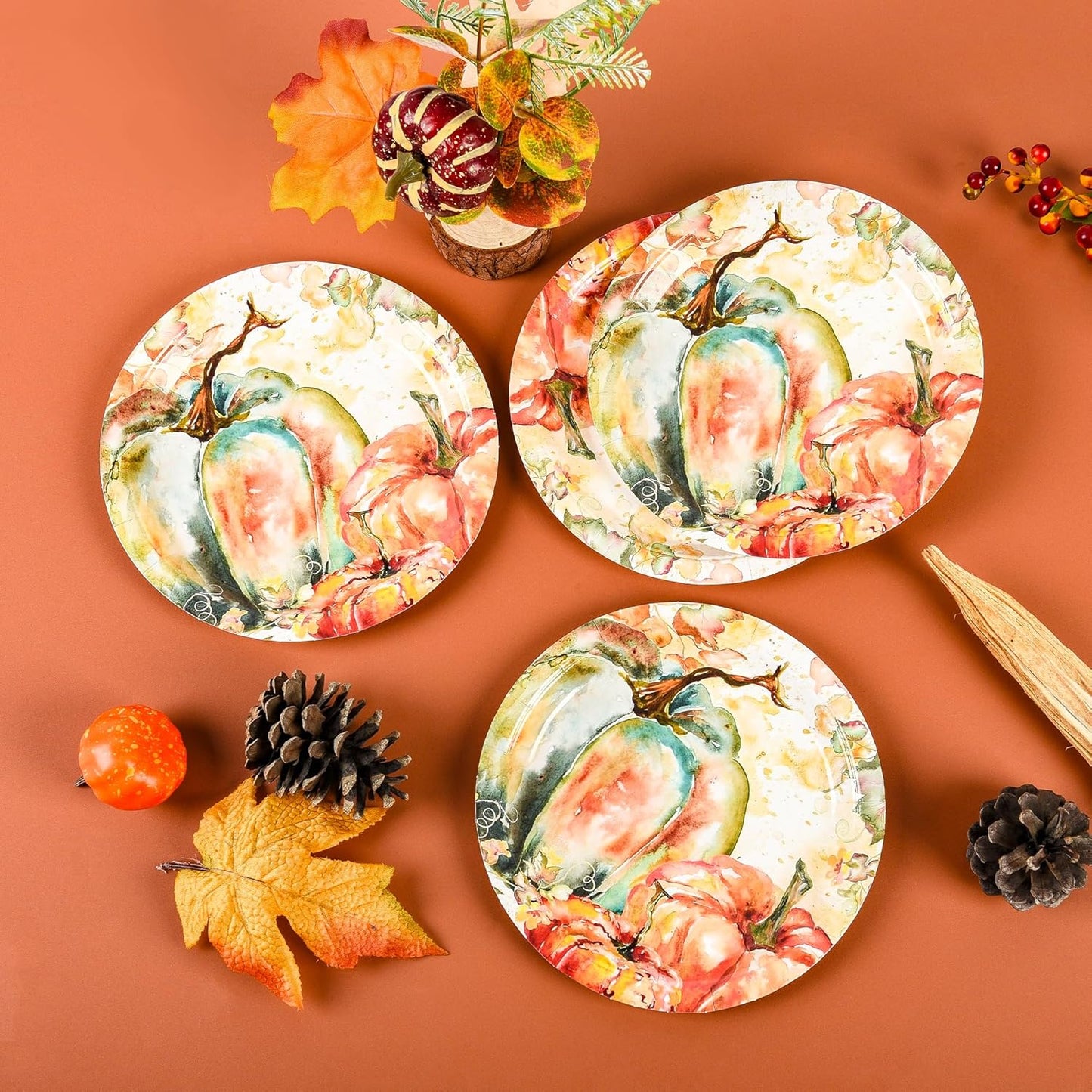Fall Dessert Plates Thanksgiving Pumpkin Paper Plates 7" Autumn Watercolor Pumpkins Party Plates Harvest Teal and Orange Pumpkins Disposable Decorative Dessert Plates (48)