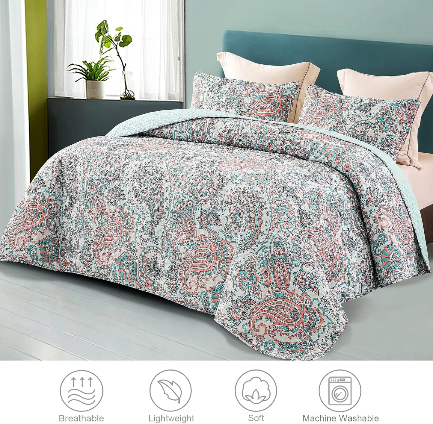 Exclusivo Mezcla Reversible Boho Quilt Set Queen Size, 3 Pieces Paisley Aqua All Season Bedspreads, Ultra Soft Floral Coverlet Bedding Set with Printed Pattern (1 Quilt, 2 Pillow Shams)