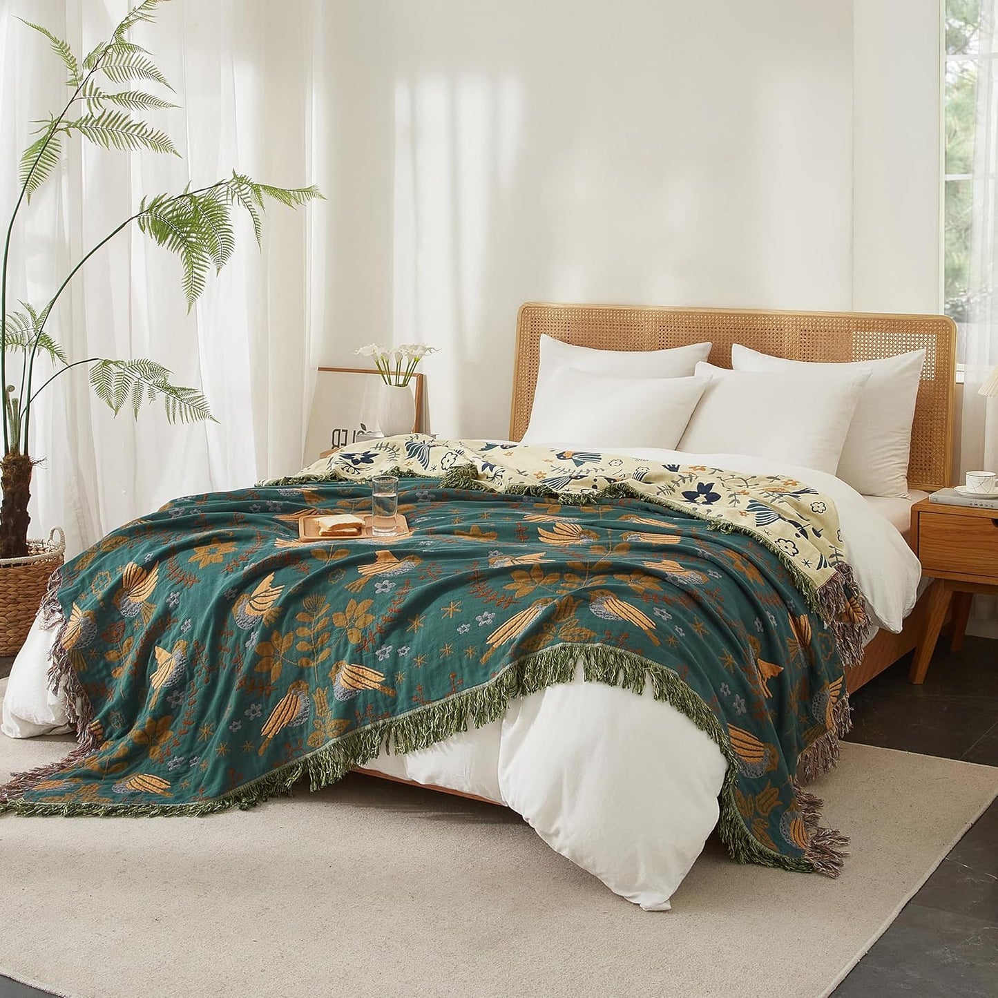 Boho Throw Blanket for Bed 60”x80”, 100% Cotton Woven Blanket for Couch Sofa, Ultra Soft 4-Layer Muslin Quilt with Bird Floral Printed, Farmhouse Bed Blanket/Cover for Living Room Decor