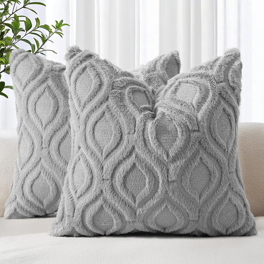 decorUhome Fall Throw Pillow Covers 24x24 Inch Set of 2, Soft Plush Decorative Faux Fur Grey Solid Couch Pillow Covers, Accent Farmhouse Neutral Square Euro Pillow Cases for Sofa Bed Living Room