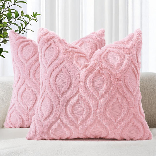 decorUhome Throw Pillow Covers 22x22 Inch Set of 2, Soft Plush Decorative Faux Fur Light Pink Solid Couch Pillow Covers, Accent Farmhouse Neutral Square Euro Pillow Cases for Sofa Bed Living Room