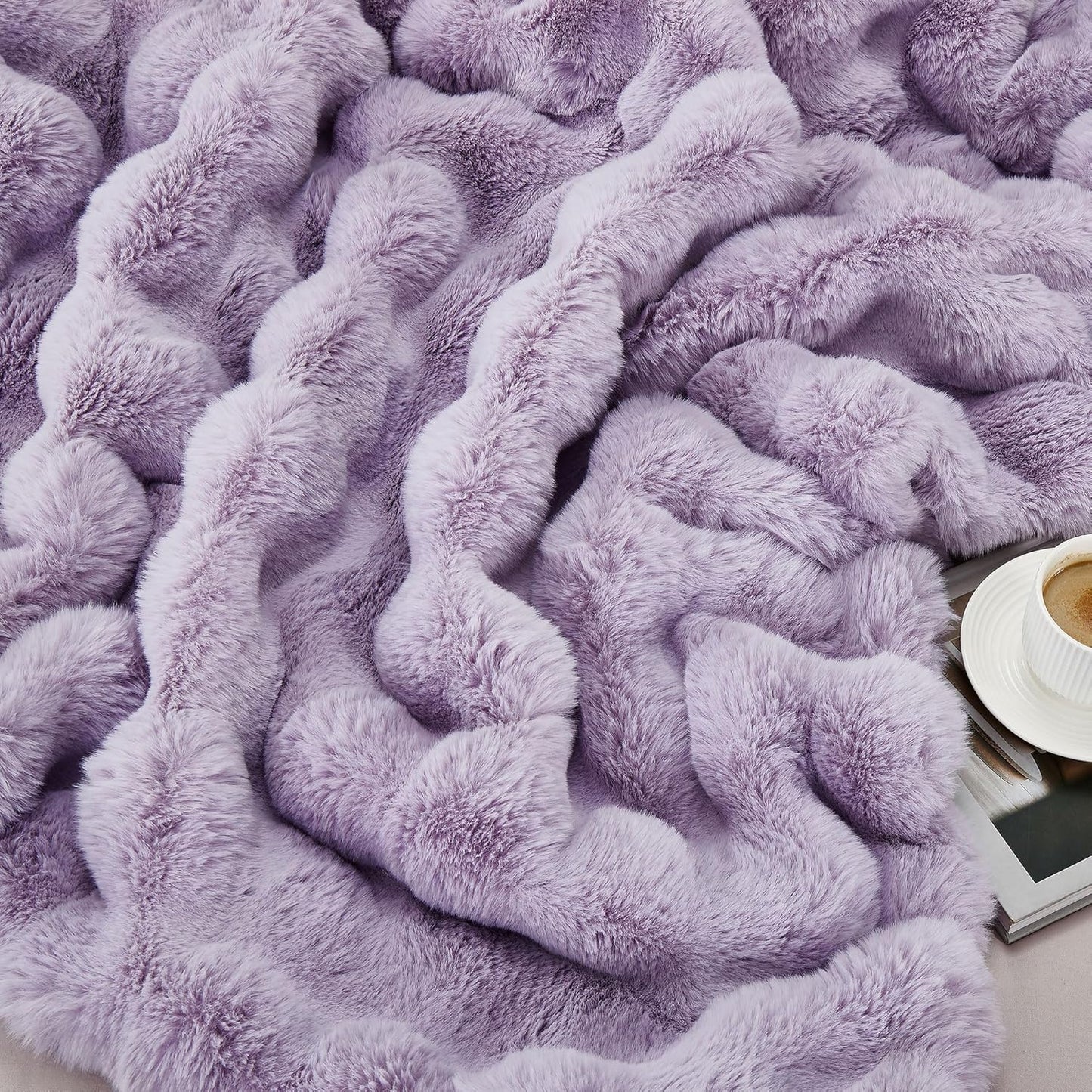 DREAMNINE Decorative Soft Fuzzy Faux Fur Throw Blanket for Couch Sofa 50" x 60", Reversible Plush Microfiber Thick Warm Fluffy Blankets for Winter, Cute Cozy Bubble Furry Blanket for Bed Chair, Purple