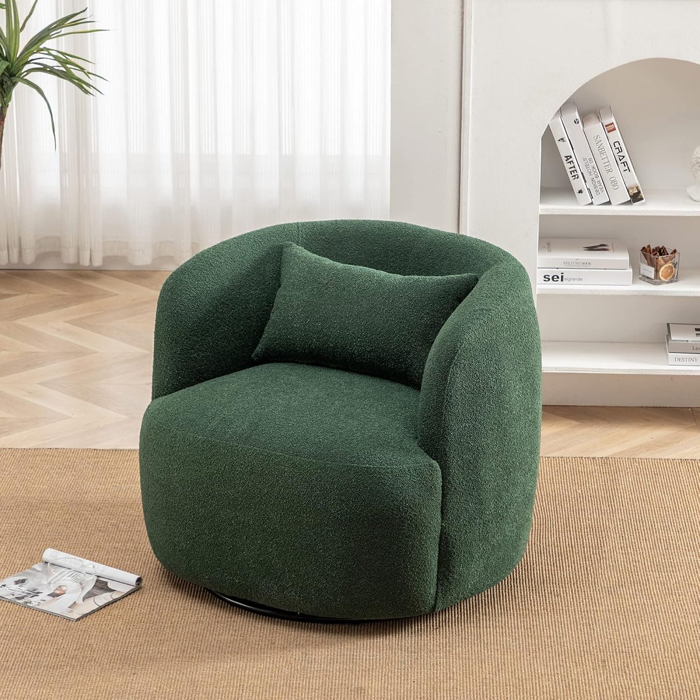 KINWELL 34" Wide Boucle Swivel Barrel Chair, No Assembly Round Upholstered Armchair Accent Chair Single Sofa Chair with Toss Pillow for Living Room and Bedroom, Green