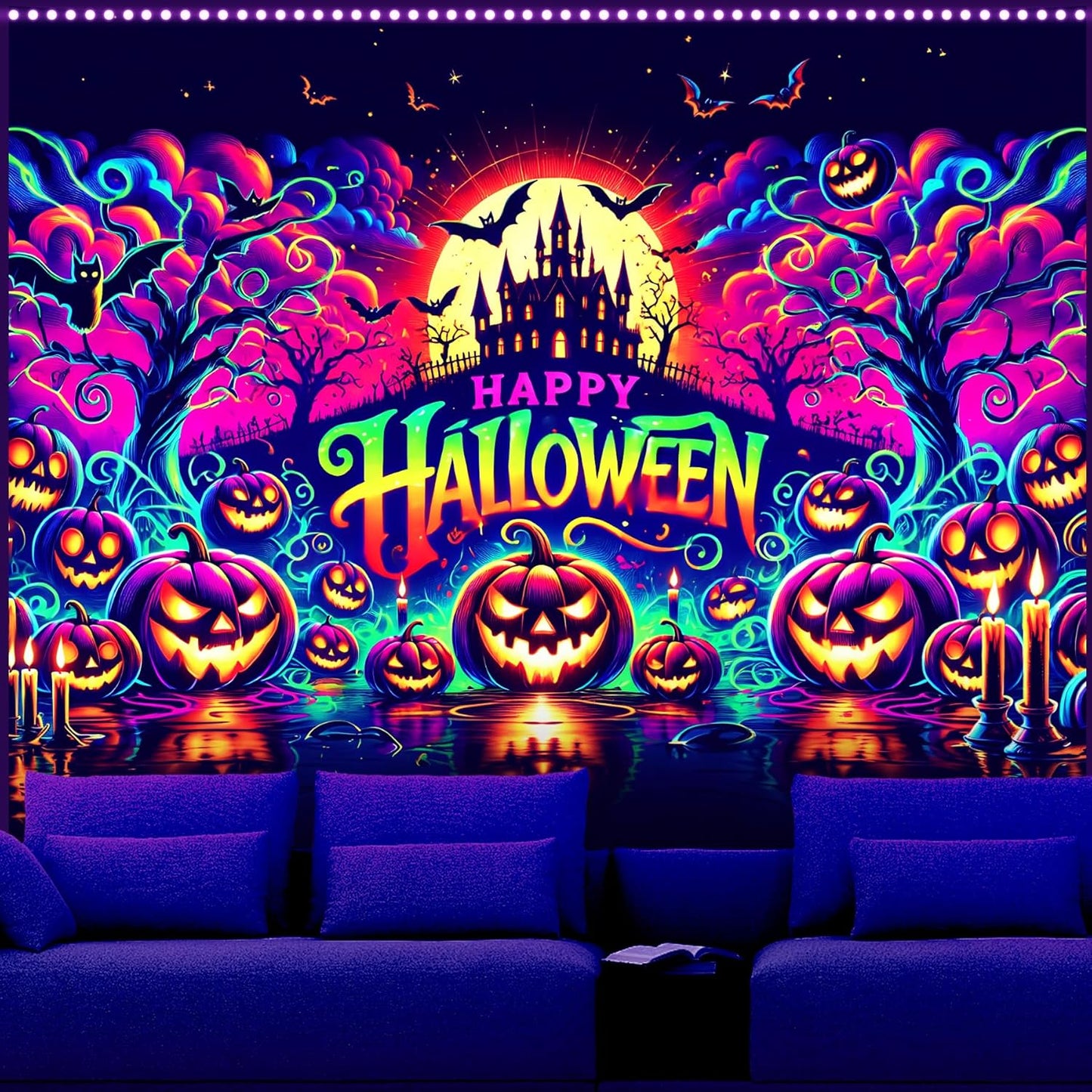 AOHMPT Glow-in-the-Dark Halloween Tapestry - UV Reactive Black Light Wall Hanging Decor for Spooky Parties, Bedroom, Living Room (Pumpkin-Castle, 79L x 59W, Unframed)