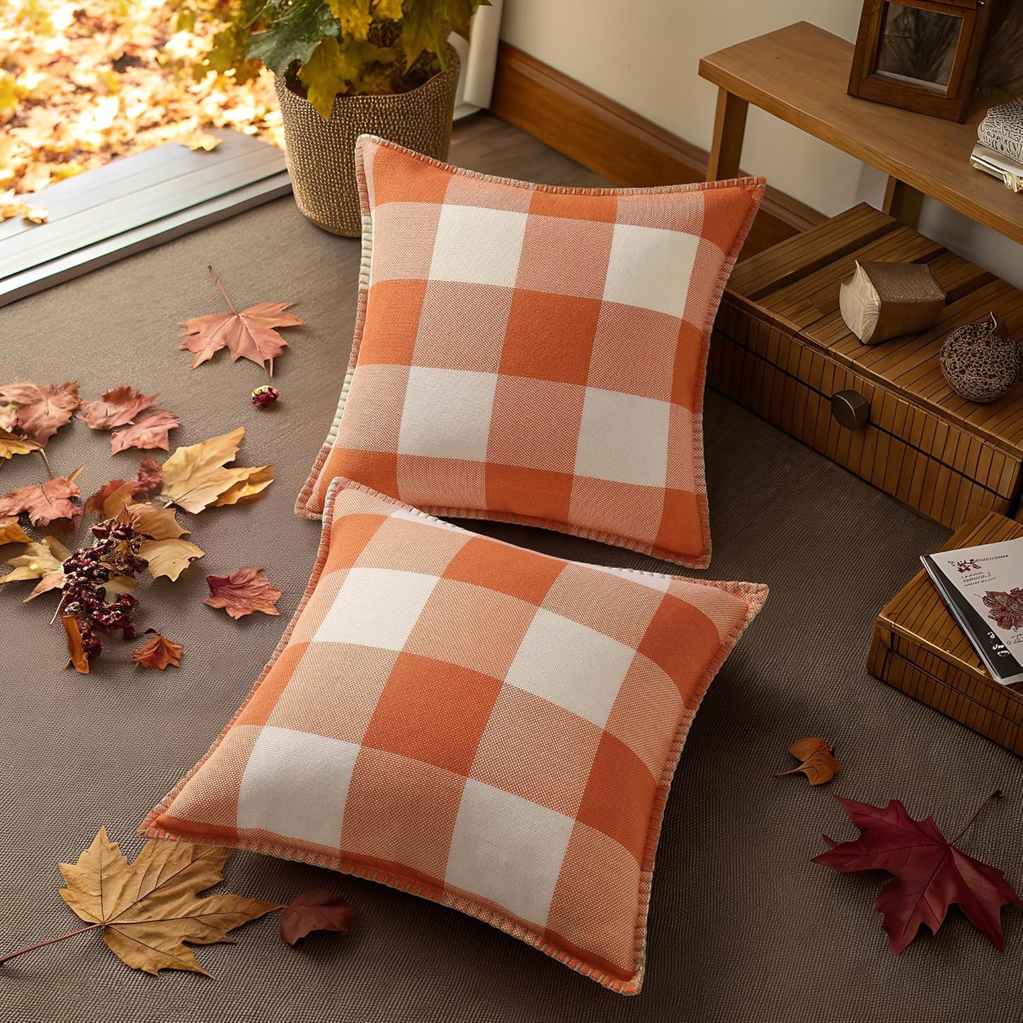 decorUhome Fall Orange and White Decorative Throw Pillow Covers 22x22 Set of 2, Buffalo Plaid Check Farmhouse Cushion Covers with Stitched Edge for Autumn Harvest Couch Sofa Bed Home Decor