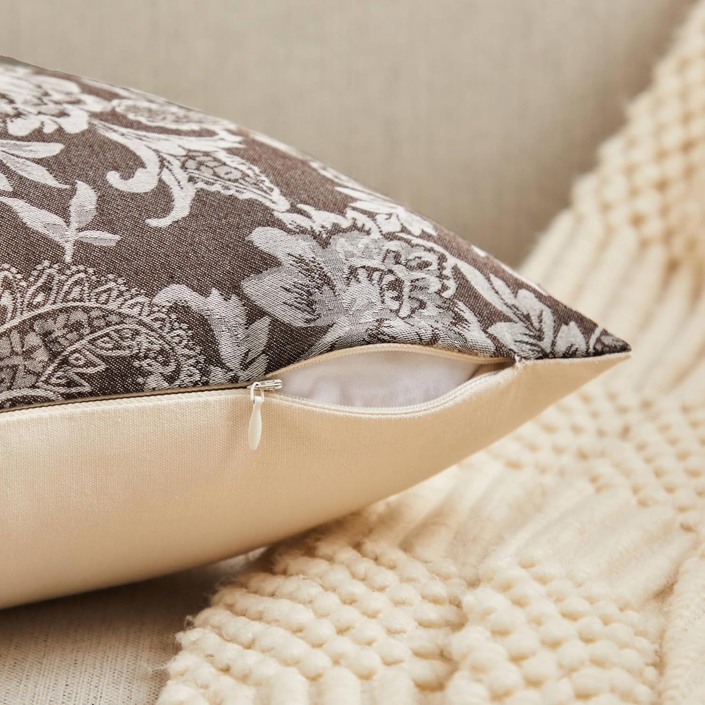 Floral Jacquard Throw Pillow Covers Set of 2, Background/Chocolate 22x22 Inch, Farmhouse Decorative Cotton Dark Brown Cushion Covers for Sofa Bed Living Room Home Decor