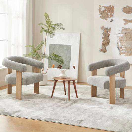 VKNOW Accent Chair Living Room Chair Set of 2, Modern Upholstered Armchair with Solid Wood Legs, Comfy Barrel Arm Chairs for Living Room Bedroom, Light Grey