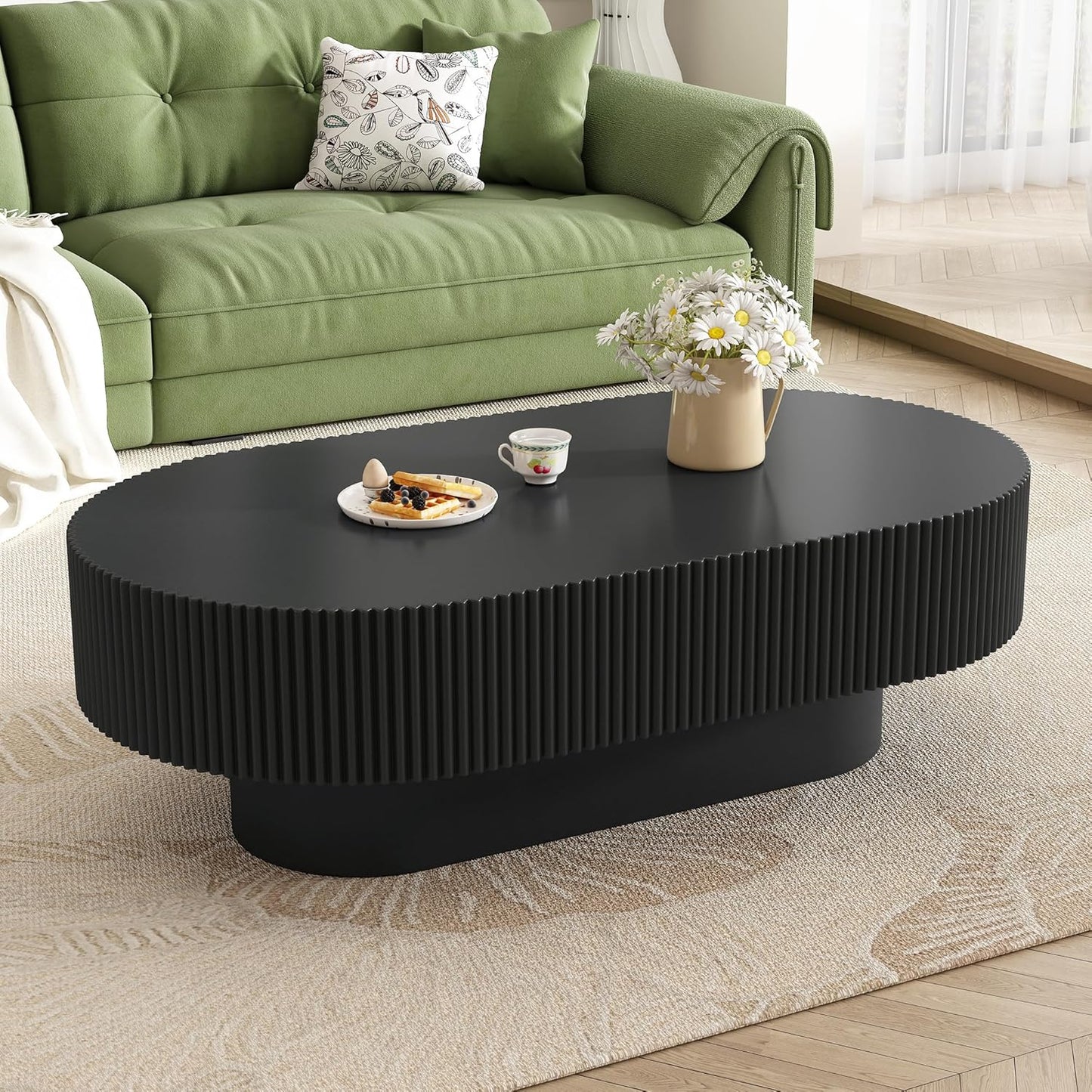 43.3" Oval Fluted Coffee Table Modern Elegant Drum End Table, Minimalist Center Table 7.8" Thick Tabletop with Sturdy Base for Living Room, Bedroom, Apartment,Easy Assembly, Black