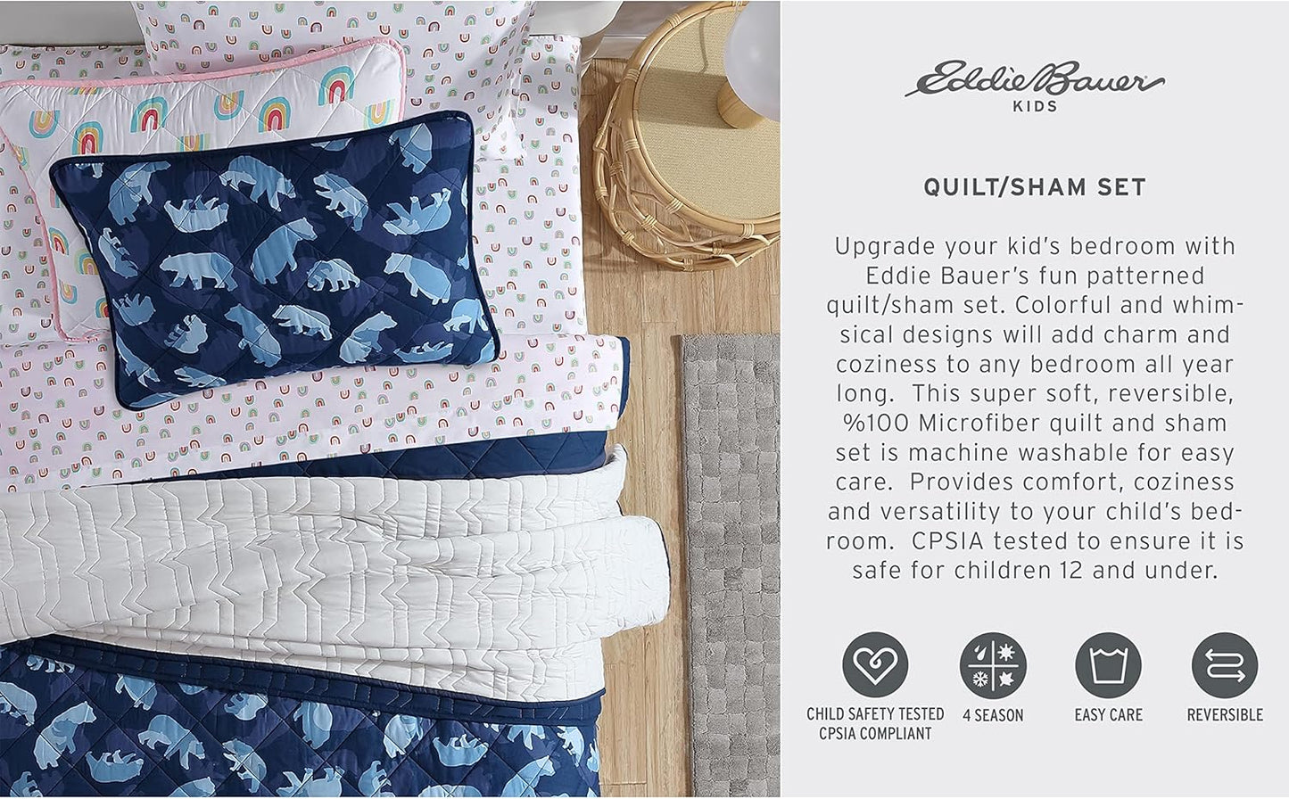 Eddie Bauer - Twin Quilt Set, Reversible Kids Bedding with Matching Sham, Medium-Weight Toddler Bed Set, Dorm Essentials (Camp Camo Navy)