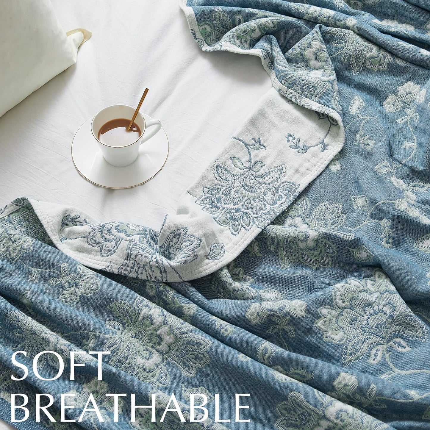 jinchan Boho 100% Cotton Muslin Queen Size 80x90 Inches Blanket Lightweight 4-Layer Quilted Soft Blue and White Floral Throw Blanket Green Accents Reversible Comfy Flower Rustic Summer Couch Bedroom