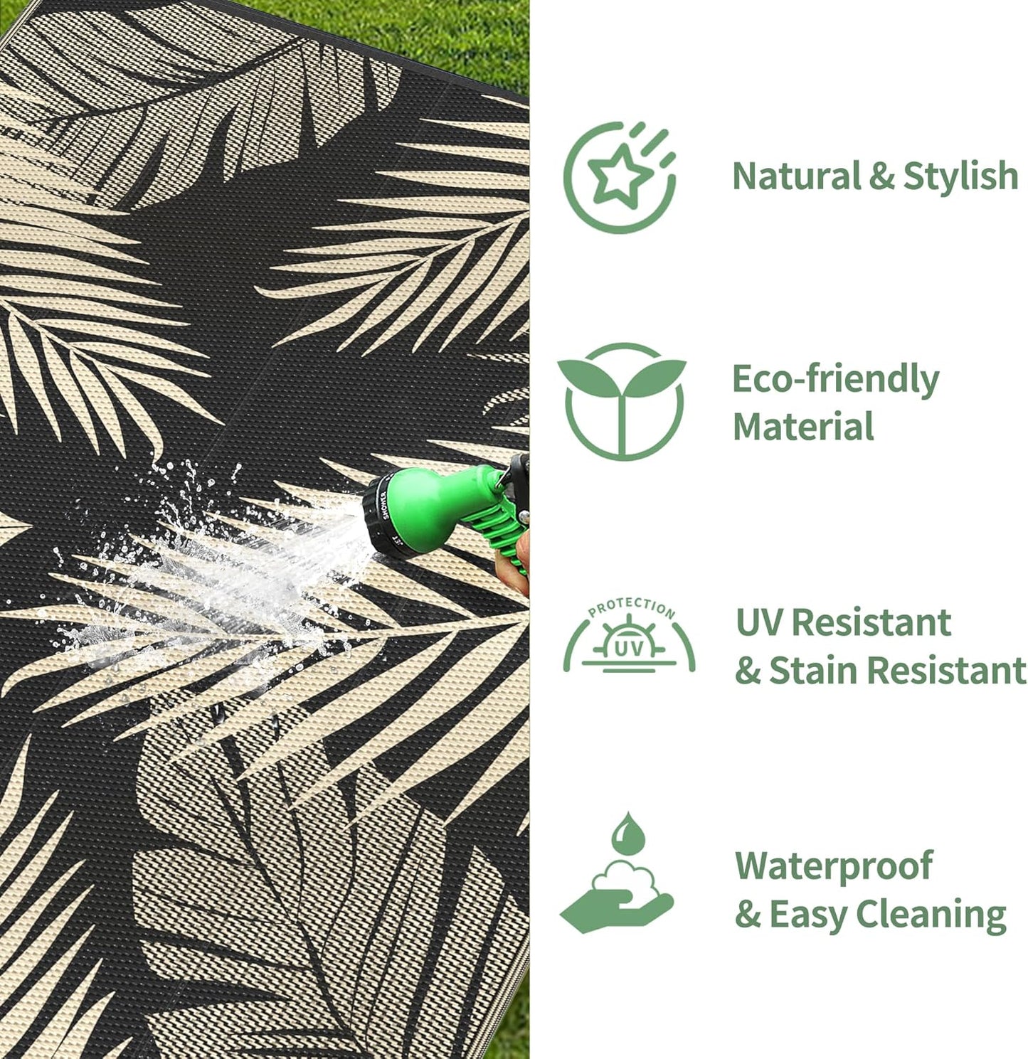 GENIMO Outdoor Rug 9' x 12' Waterproof for Patios Clearance, Reversible Outdoor Plastic Straw Camping Rug Carpet, Large Area Rugs Mats for RV, Camper, Deck, Balcony, Porch, Beach, Picnic, Black&Beige