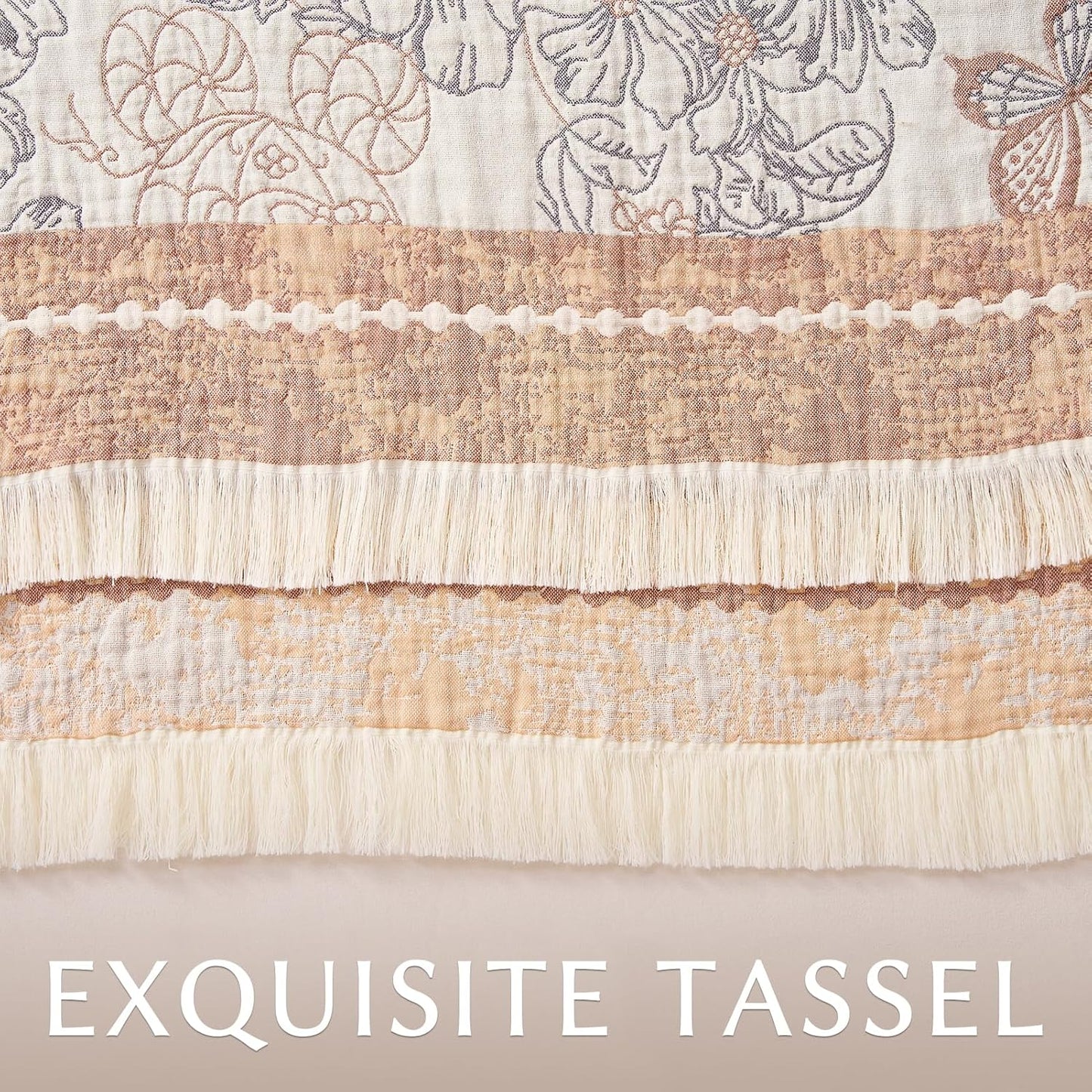 JINCHAN Boho Floral 100% Cotton Blanket 4-Layer Throw Blanket with Tassel Taupe and White Flower Butterfly Soft Luxury Rustic Farmhouse Decor Blanket for Couch Bed 60x80 inch All Season gift for women