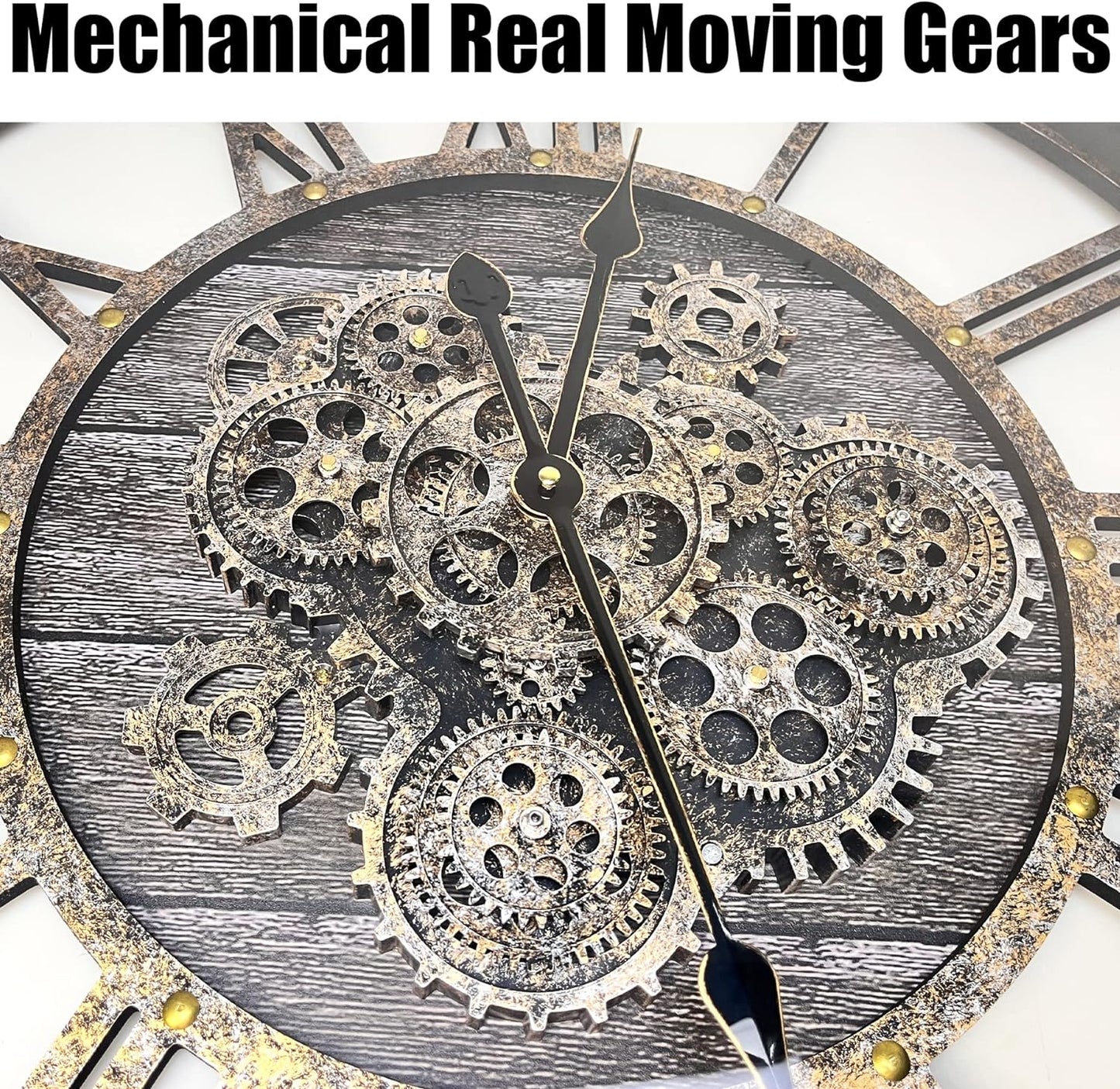 DORBOKER 36" Extra Large Wall Clock with Moving Gears, Oversized Giant Industrial Steampunk Rustic Clocks for Wall Decor Living Room Home Office, Solid Wood Retro Metal,Carbon Grey