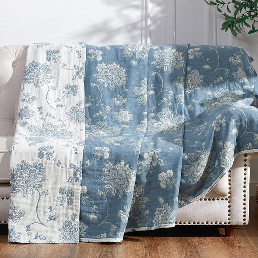 jinchan Boho 100% Cotton Muslin Queen Size 80x90 Inches Blanket Lightweight 4-Layer Quilted Soft Blue and White Floral Throw Blanket Green Accents Reversible Comfy Flower Rustic Summer Couch Bedroom