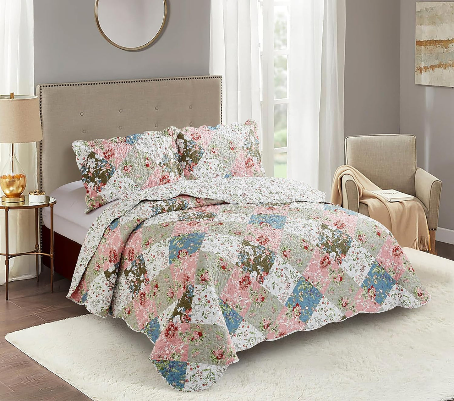 Brilliant Sunshine Peach and Olive Flowers Patchwork, 3-Piece Quilt Set with 2 Shams, Reversible Bedspread, Soft Lightweight Coverlet, All-Season, Full/Queen, Peach Olive