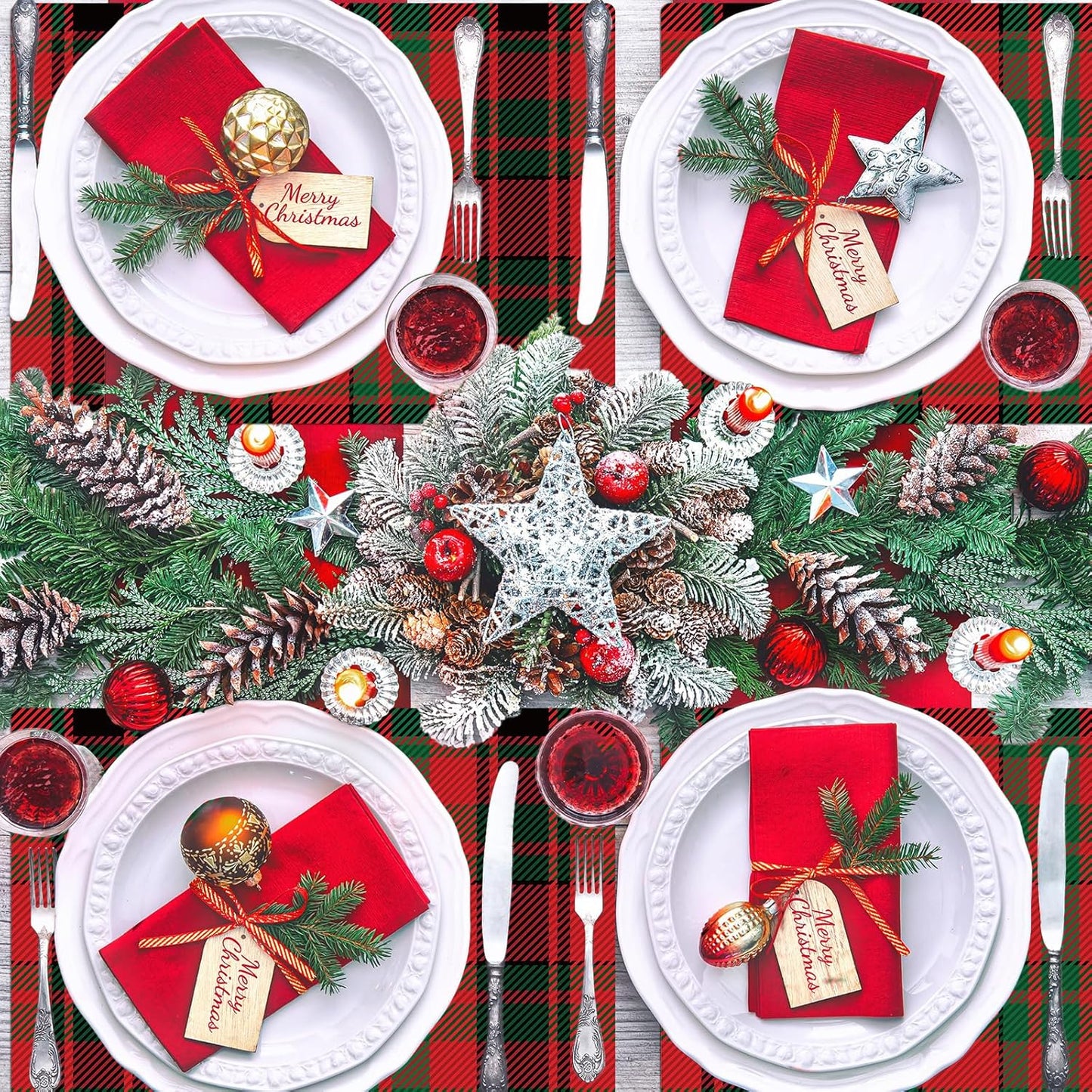 Christmas Placemats Set of 6 Red and Green Plaid Plastic Table Mats Recyclable Place Mats Washable Farmhouse Holiday Table Decoration for Indoor Outdoor Christmas Party Kitchen Dining