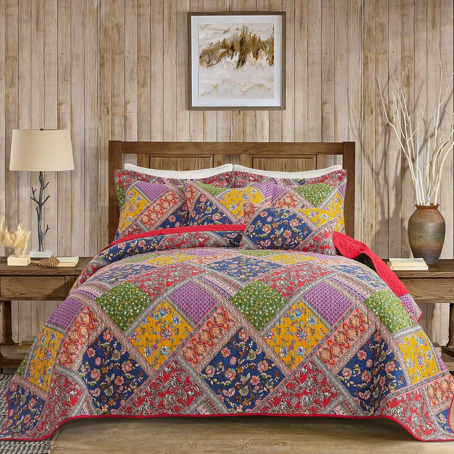 VAPUTAR Cotton Quilt King Size Set, Quilted Bedspread Coverlet (96 * 108 Inch) with 2 Pillowcovers, 3 Pieces Lightweight Farmhouse Style with Patchwork Design King Quilt Bedding Set for All Season.