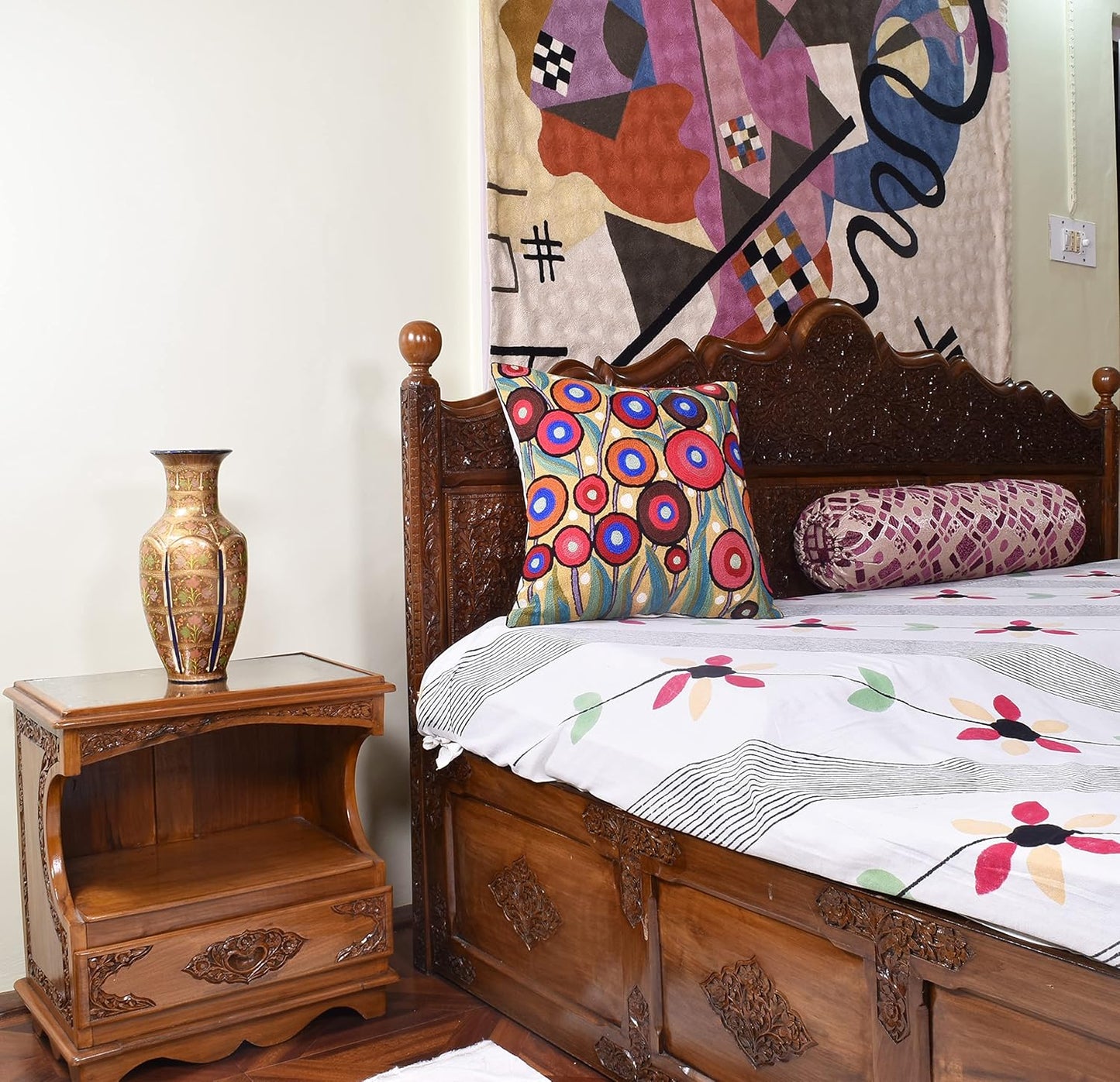 Yellow Floral Poppy Pillow Cover - Red Floral Outdoor Pillowcase - Suzani Accent Pillow - Flower Accent Cushions - Hand Embroidered Wool - Size 18x18