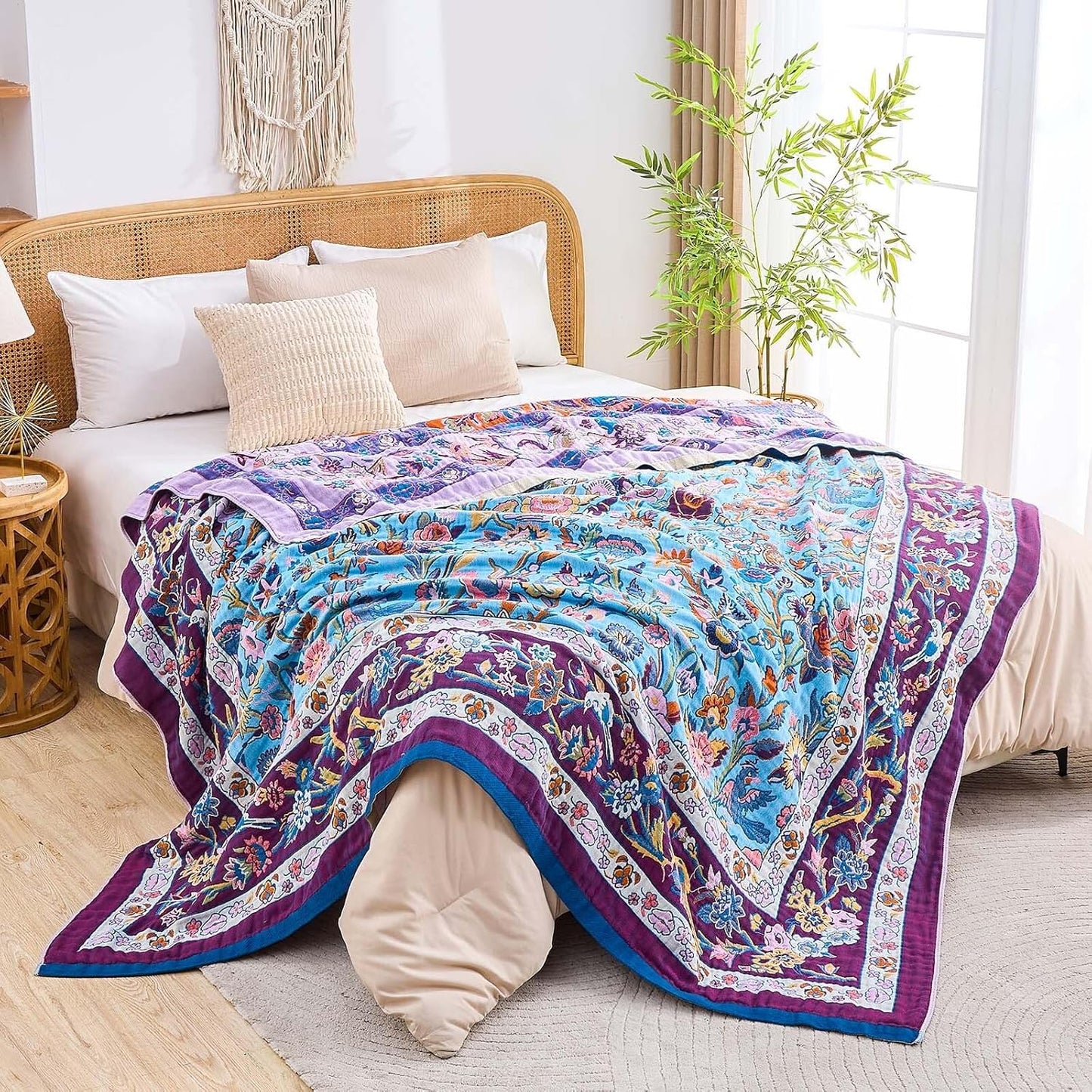 Fall Blanket for Bed, 100% Cotton Soft Rustic Boho Throw Blanket Quilt, 50"x60" Farmhouse Decor Bed Flower Blankets, Light Weight Reversible Bohemian Throw Quilt