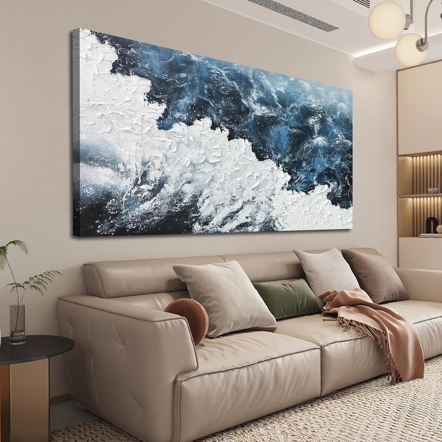 Abstract Wall Art Decor Abstract Canvas Wall Pictures for Living Room Large Blue White Wall Art Prints Beach Wave Artwork for Walls Coastal Modern Wall Art Decorations Home Office Wall Art Decor 24" X 48"