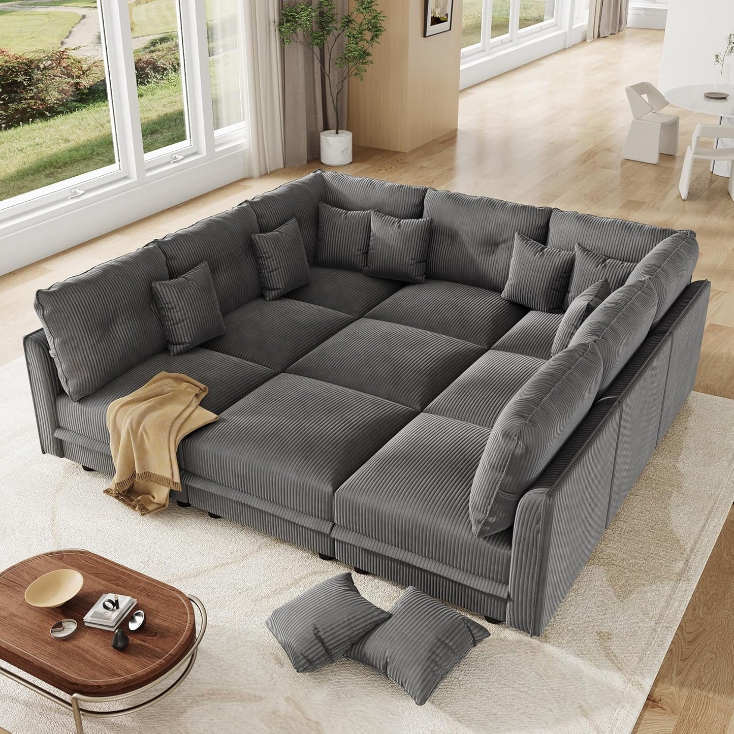 LLappuil Modular Sectional Sofa with Storage Seats, Corduroy Convertible Modular U Shaped Sectional Couch for Living Room, 9 Seat Oversized Sofa with 9 Back Cushion 9 Throw Pillow, Grey