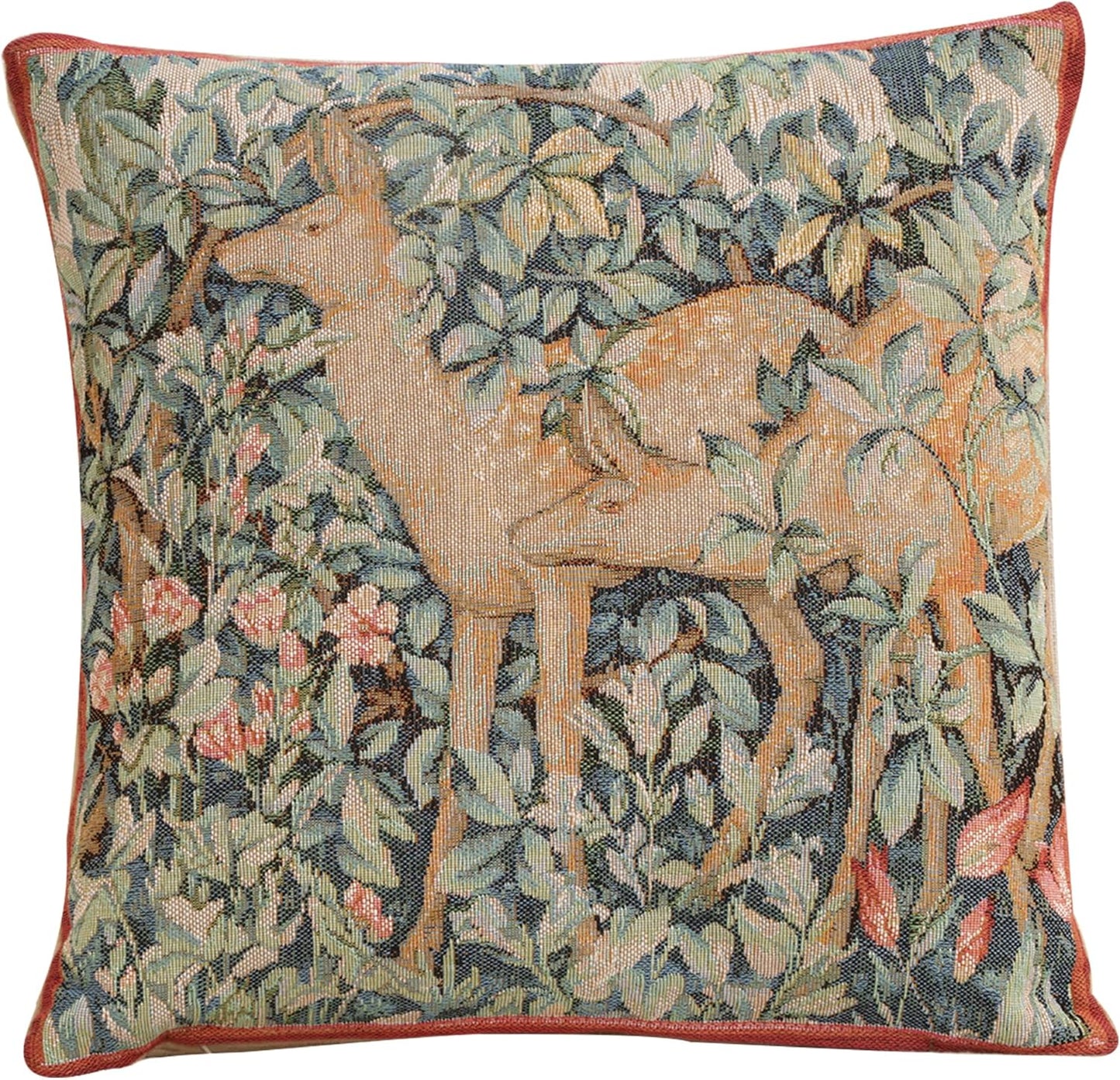 Charlotte Home Furnishings Decorative Tapestry Pillow Cover 14x14 in, Green Two Does Couch Throw Pillow Cover, French Country Square Cushion Cases for Bed Room Home Decor, Soft Cotton Jacquard Woven